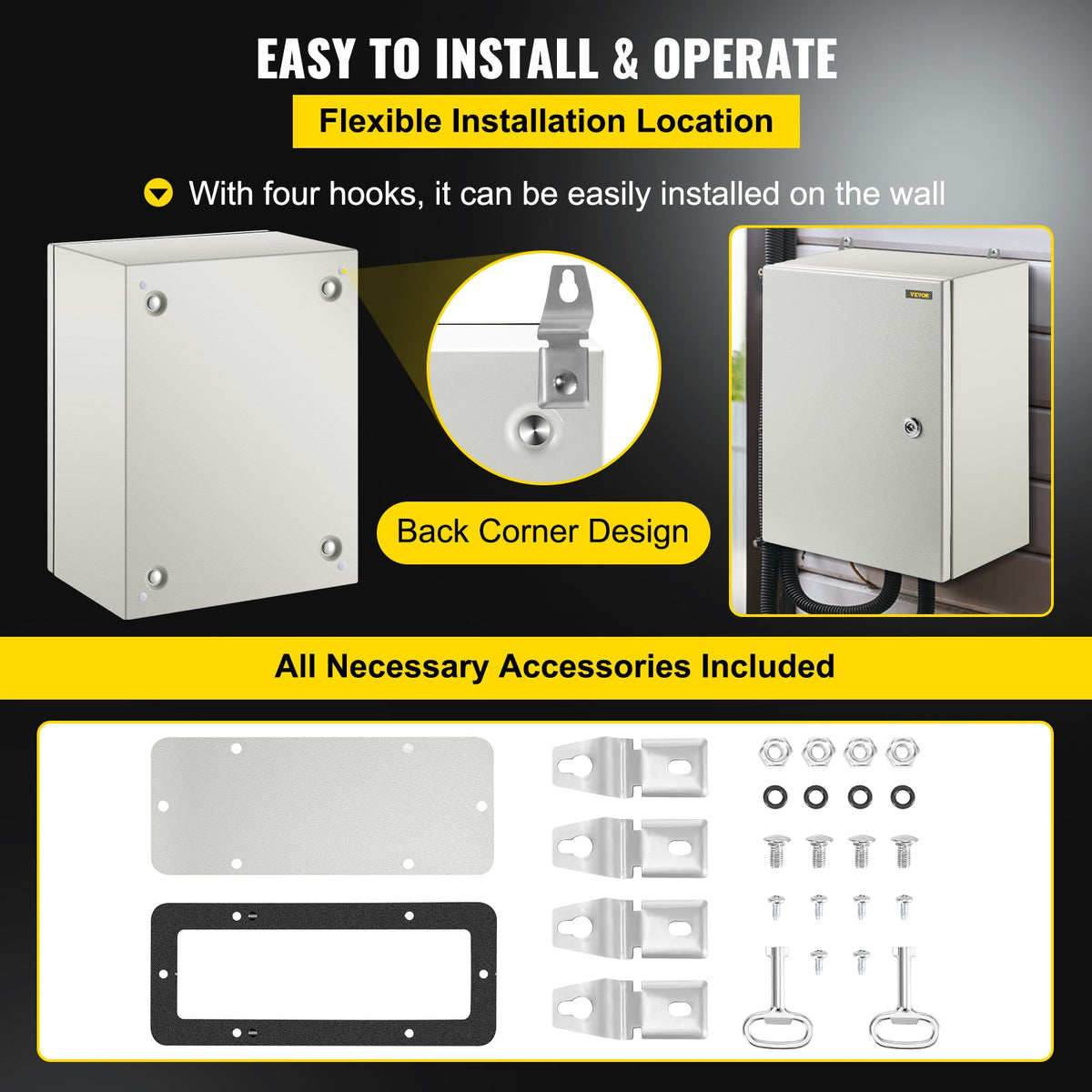 VEVOR Steel Electrical Box 16'' x 12'' x 8'' Electrical Enclosure Box, Carbon Steel Hinged Junction Box, IP65 Weatherproof Metal Box Wall-Mounted Electronic Equipment Enclosure Box with Mounting Plate