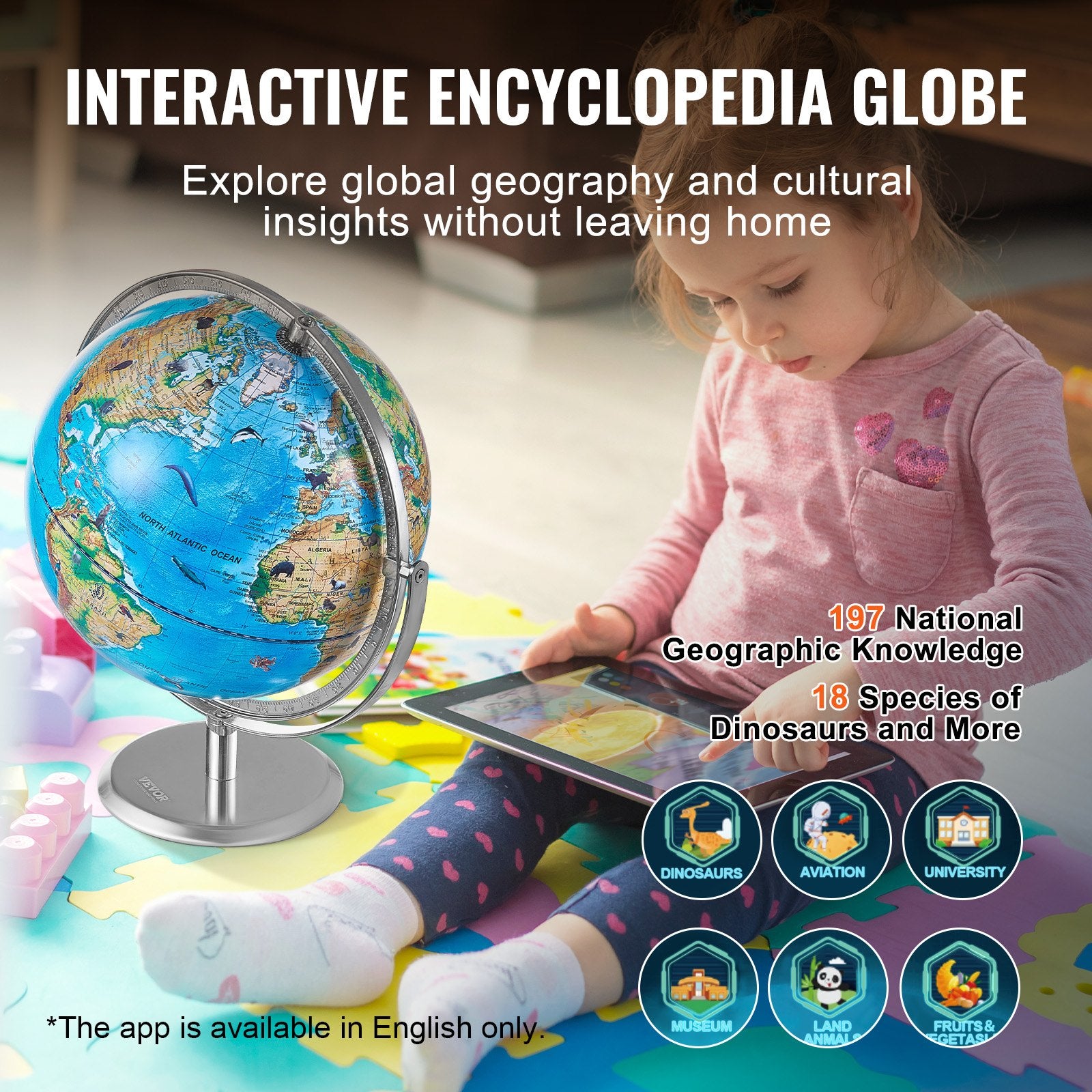 VEVOR Educational Globe for Kids, 254 mm, Interactive AR World Globe with AR Golden Globe APP LED Night Lighting Rotation, STEM Toy Gifts for Kids Compatible with Android or iOS Devices