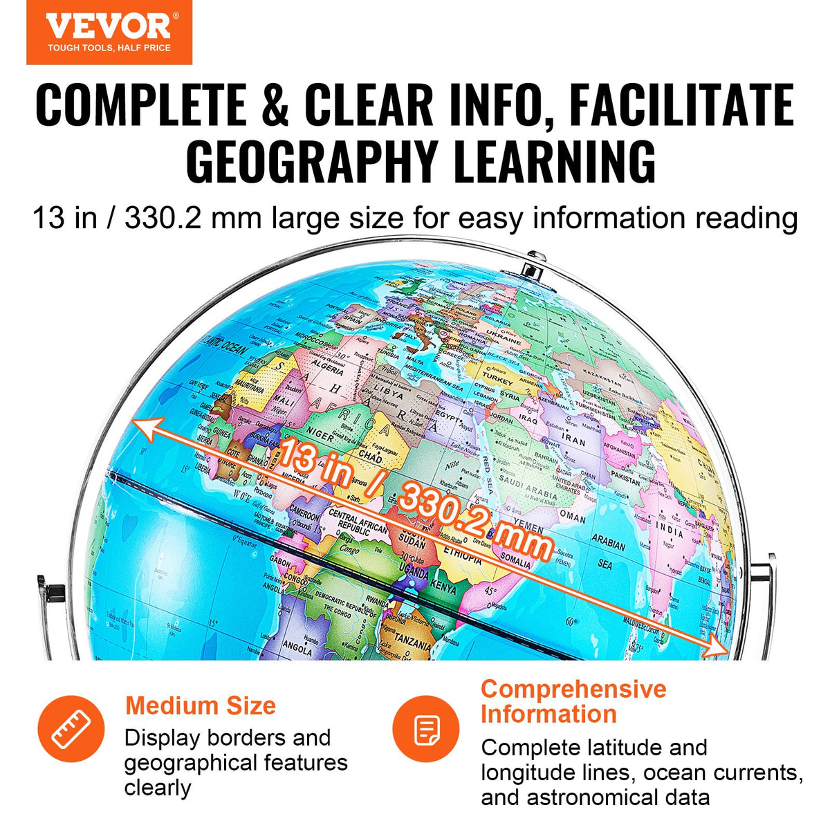 VEVOR Rotating World Globe with Stand, 330.2 mm, Educational Geographic Globe with Precise Time Zone ABS Material, Spinning Globe for Kids Children Learning Classroom Geography Education