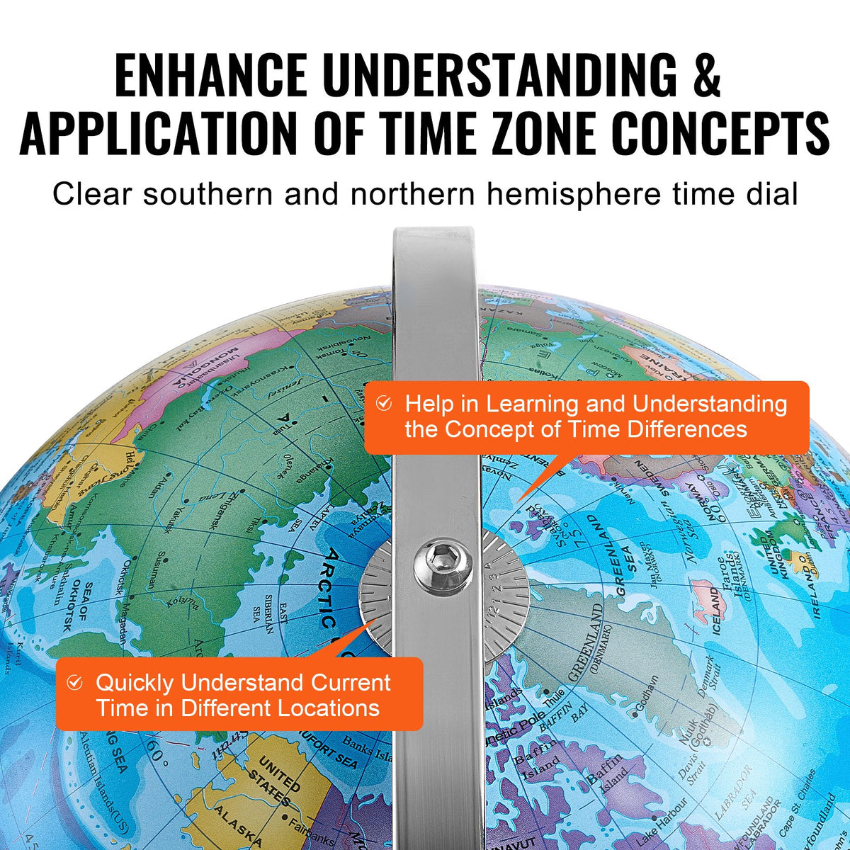 VEVOR Rotating World Globe with Stand, 330.2 mm, Educational Geographic Globe with Precise Time Zone ABS Material, Spinning Globe for Kids Children Learning Classroom Geography Education