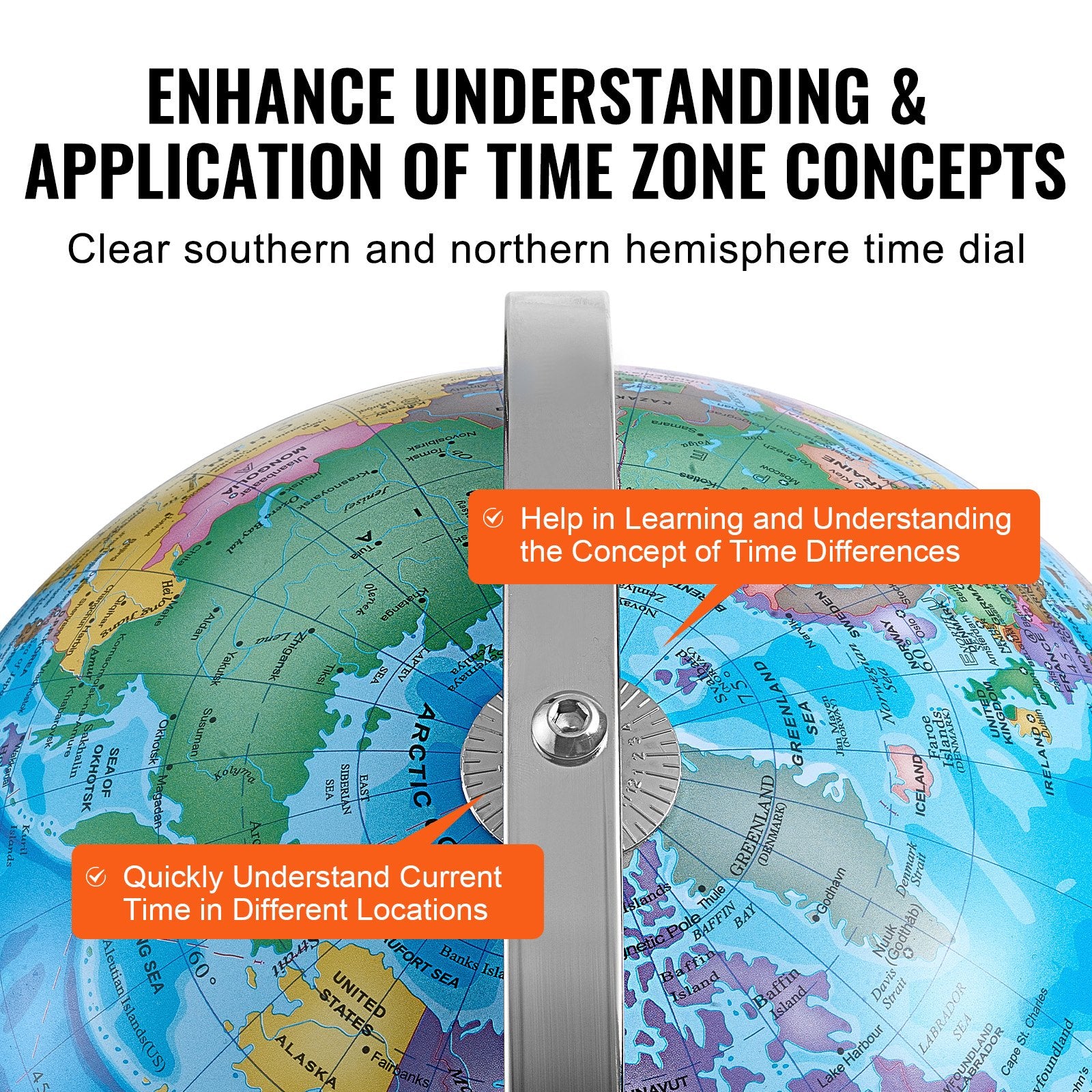 VEVOR Rotating World Globe with Stand, 330.2 mm, Educational Geographic Globe with Precise Time Zone ABS Material, Spinning Globe for Kids Children Learning Classroom Geography Education