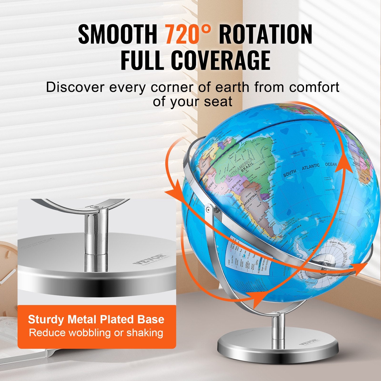 VEVOR Rotating World Globe with Stand, 330.2 mm, Educational Geographic Globe with Precise Time Zone ABS Material, Spinning Globe for Kids Children Learning Classroom Geography Education