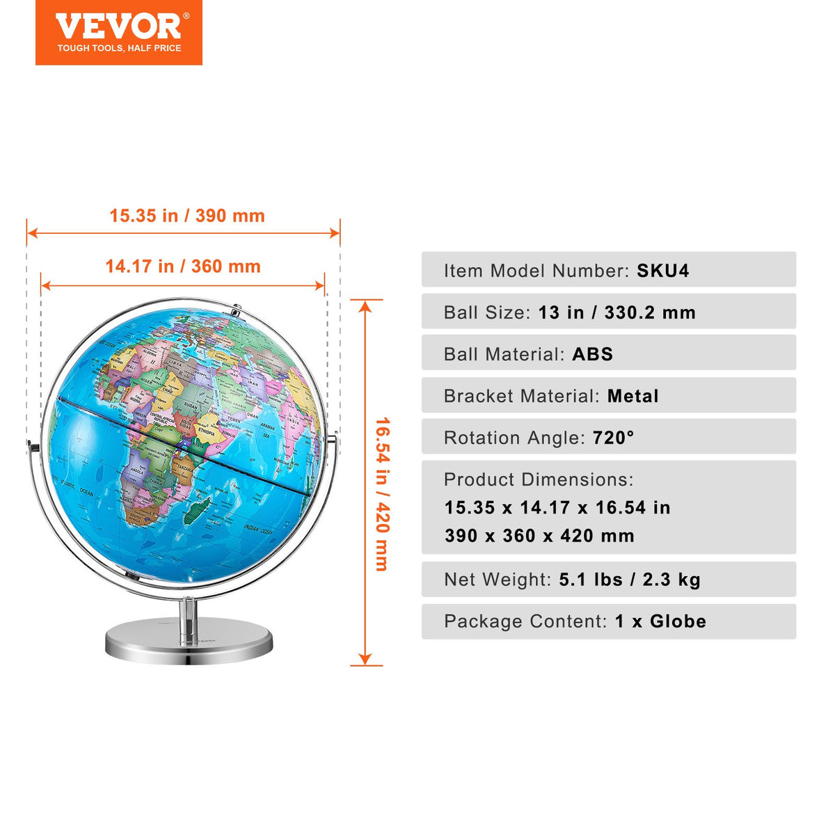 VEVOR Rotating World Globe with Stand, 330.2 mm, Educational Geographic Globe with Precise Time Zone ABS Material, Spinning Globe for Kids Children Learning Classroom Geography Education