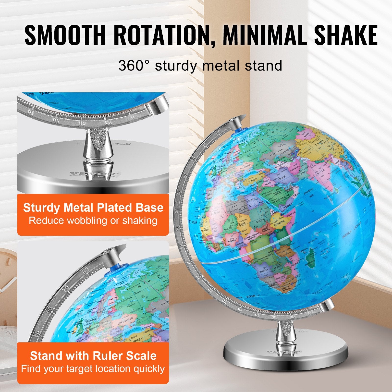 VEVOR Rotating World Globe with Stand, 203.2 mm, Educational Geographic Globe with Precise Time Zone ABS Material, 360° Spinning Globe for Kids Children Learning Classroom Geography Education