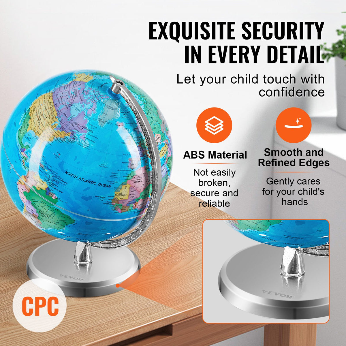 VEVOR Rotating World Globe with Stand, 203.2 mm, Educational Geographic Globe with Precise Time Zone ABS Material, 360° Spinning Globe for Kids Children Learning Classroom Geography Education