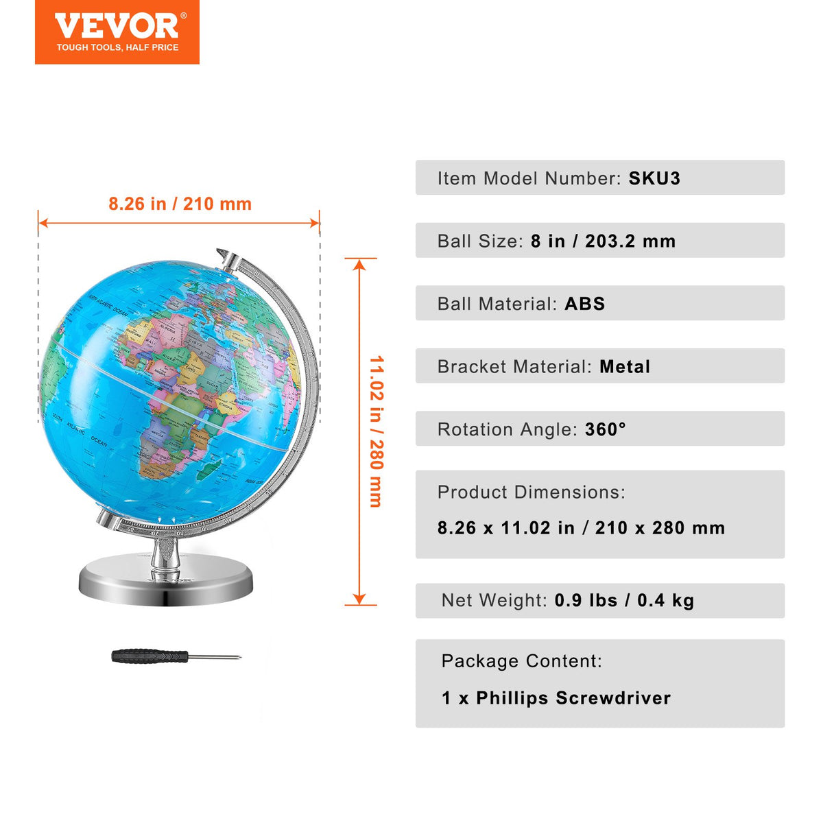VEVOR Rotating World Globe with Stand, 203.2 mm, Educational Geographic Globe with Precise Time Zone ABS Material, 360° Spinning Globe for Kids Children Learning Classroom Geography Education