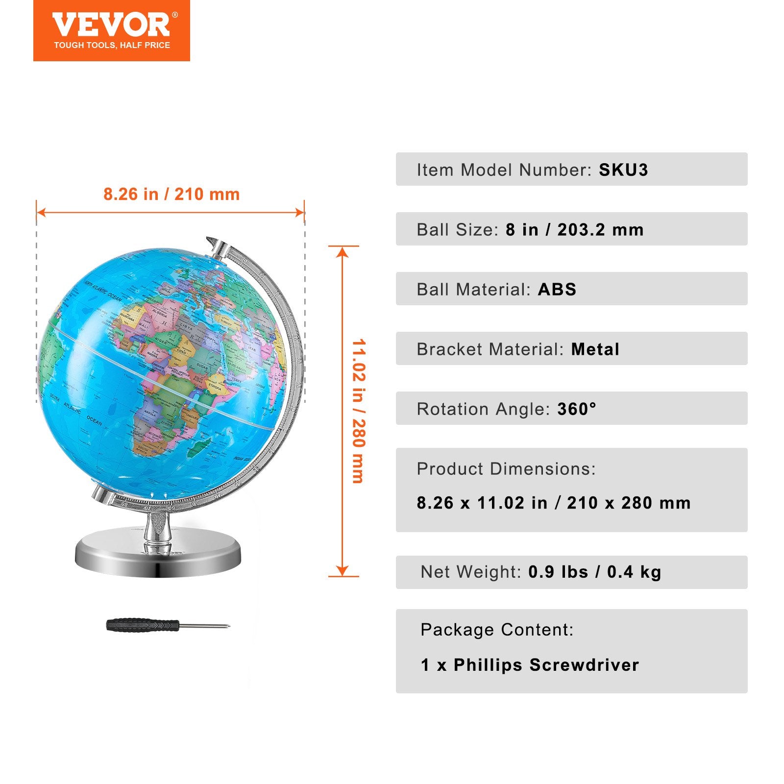 VEVOR Rotating World Globe with Stand, 203.2 mm, Educational Geographic Globe with Precise Time Zone ABS Material, 360° Spinning Globe for Kids Children Learning Classroom Geography Education