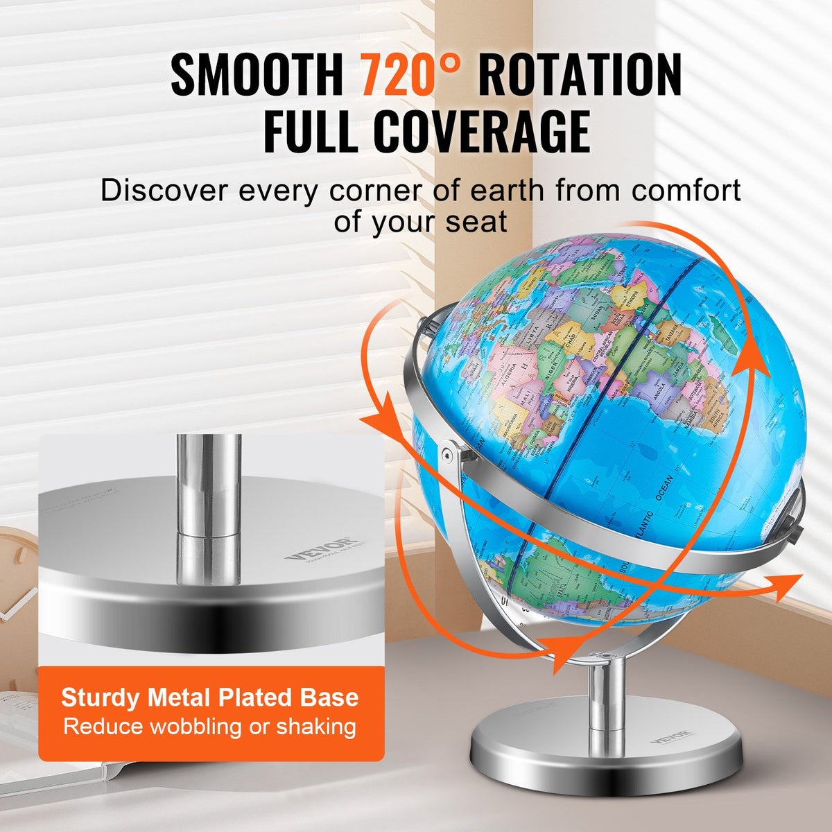 VEVOR Illuminated World Globe with Stand, 228.6 mm, Educational Earth Globe with Stable Heavy Metal Base and LED Constellation Night Light HD Printed Map, Spinning for Kids Classroom Learning