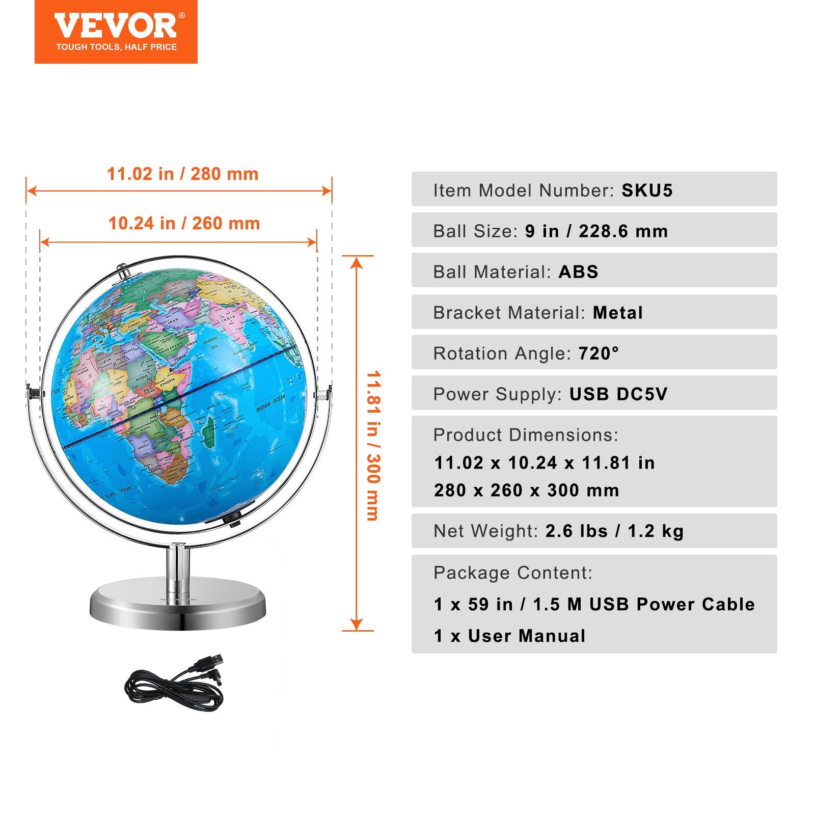 VEVOR Illuminated World Globe with Stand, 228.6 mm, Educational Earth Globe with Stable Heavy Metal Base and LED Constellation Night Light HD Printed Map, Spinning for Kids Classroom Learning