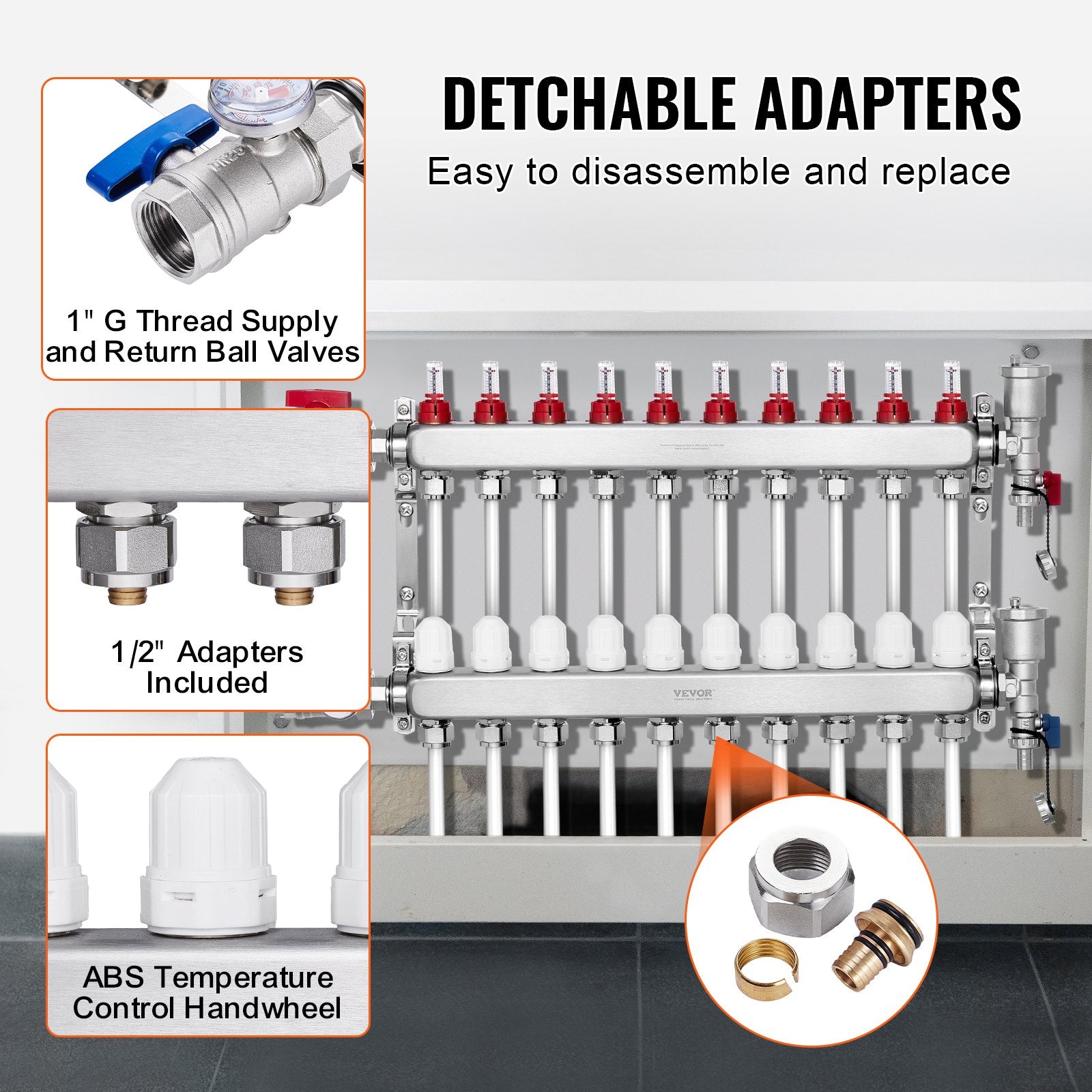 VEVOR 10-Branch Radiant Heat Manifold, 1/2" PEX Tubing Manifold, Stainless Steel PEX Manifold for Hydronic Radiant Floor Heating, Radiant Heat PEX Manifold Kit with 1/2" Adapters Included