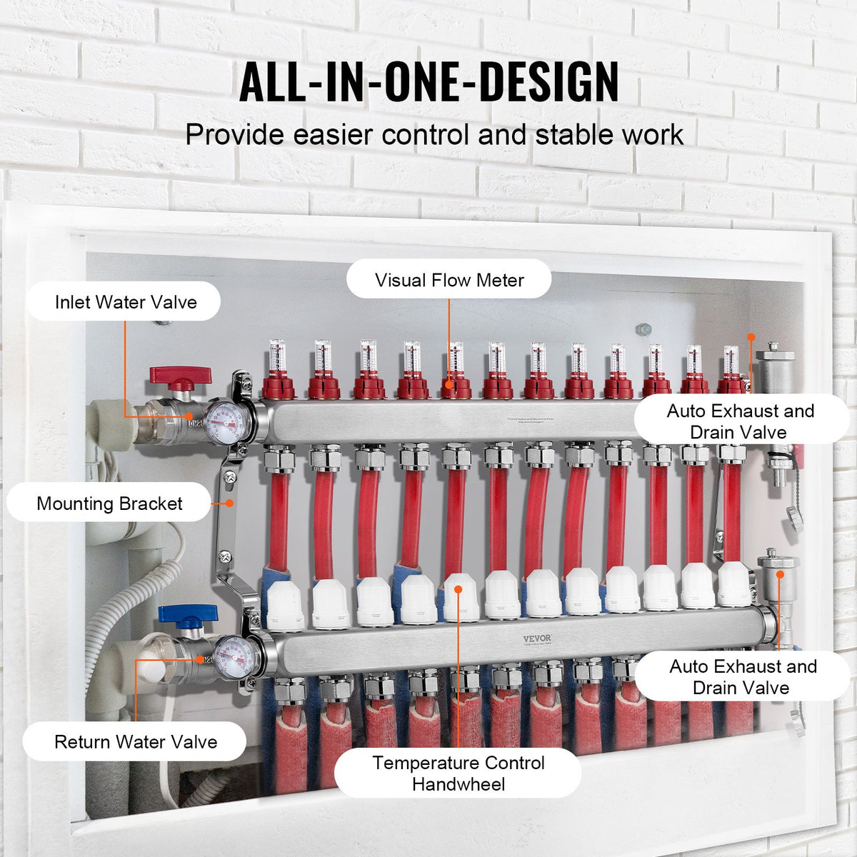 VEVOR 12-Branch Radiant Heat Manifold, 1/2" PEX Tubing Manifold, Stainless Steel PEX Manifold for Hydronic Radiant Floor Heating, Radiant Heat PEX Manifold Kit with 1/2" Adapters Included