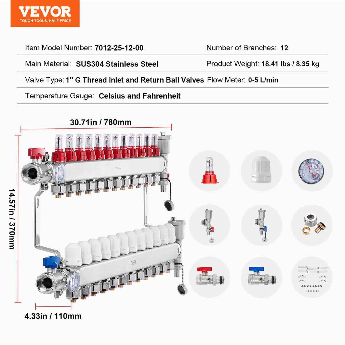 VEVOR 12-Branch Radiant Heat Manifold, 1/2" PEX Tubing Manifold, Stainless Steel PEX Manifold for Hydronic Radiant Floor Heating, Radiant Heat PEX Manifold Kit with 1/2" Adapters Included