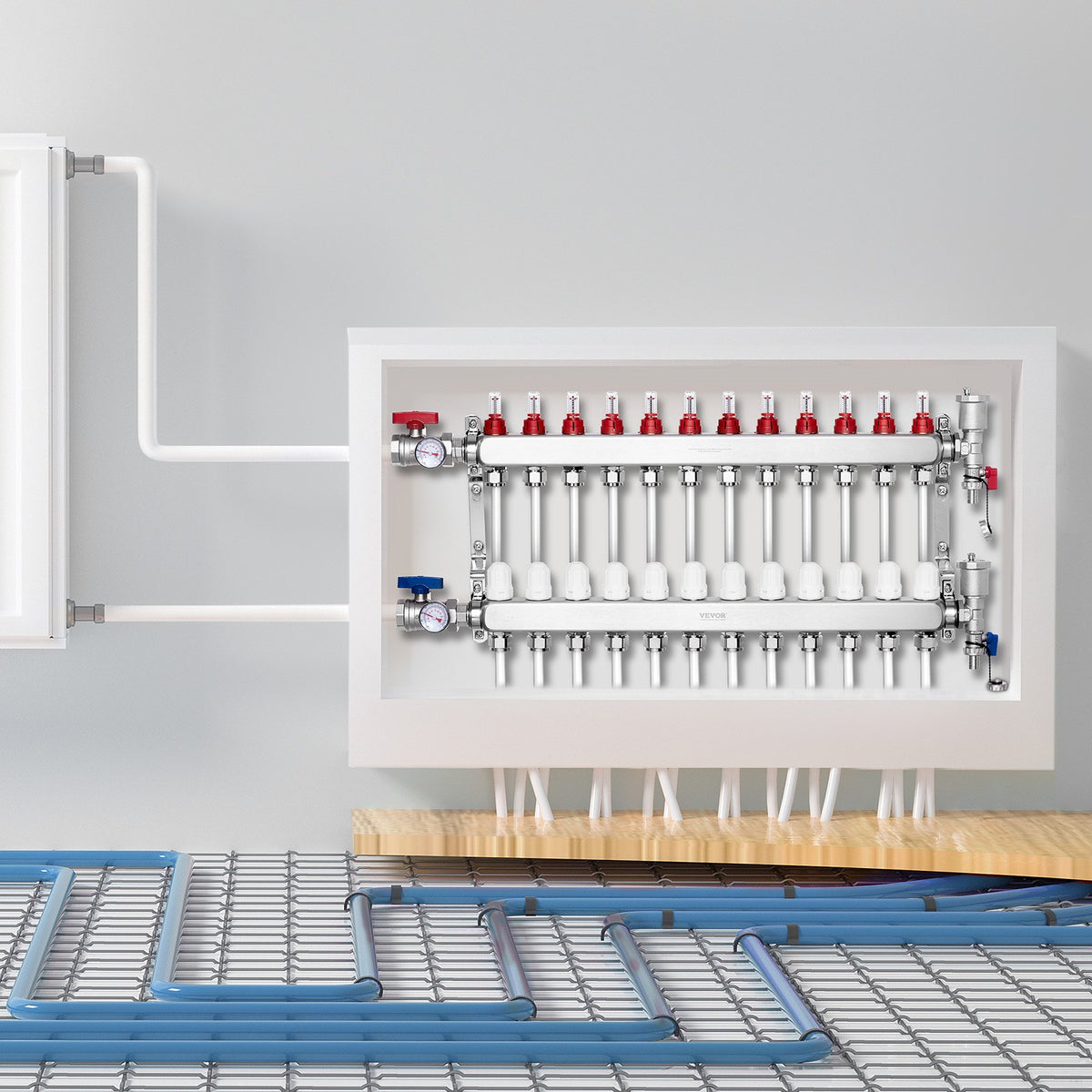 VEVOR 12-Branch Radiant Heat Manifold, 1/2" PEX Tubing Manifold, Stainless Steel PEX Manifold for Hydronic Radiant Floor Heating, Radiant Heat PEX Manifold Kit with 1/2" Adapters Included