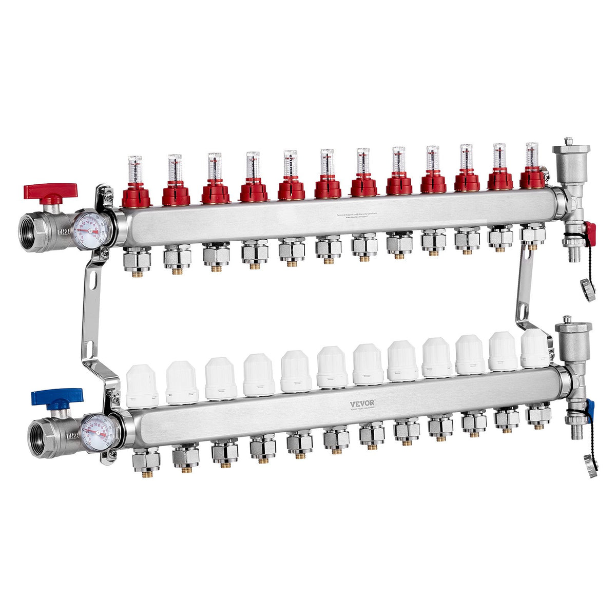 VEVOR 12-Branch Radiant Heat Manifold, 1/2" PEX Tubing Manifold, Stainless Steel PEX Manifold for Hydronic Radiant Floor Heating, Radiant Heat PEX Manifold Kit with 1/2" Adapters Included