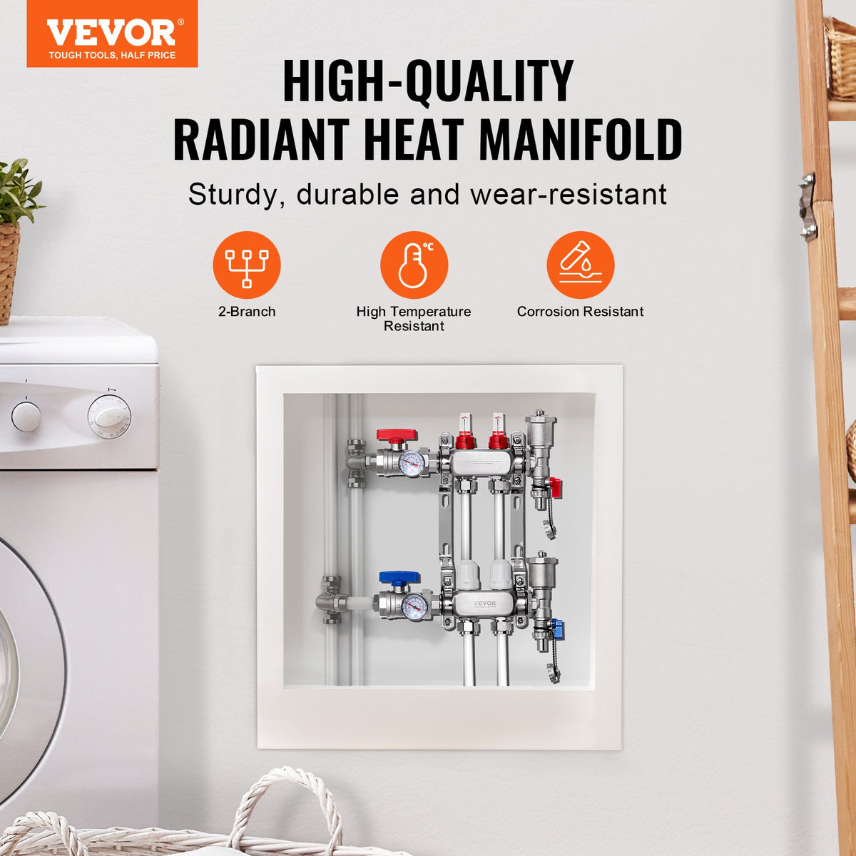 VEVOR 2-Branch Radiant Heat Manifold, 1/2" PEX Tubing Manifold, Stainless Steel PEX Manifold for Hydronic Radiant Floor Heating, Radiant Heat PEX Manifold Kit with 1/2" Adapters Included