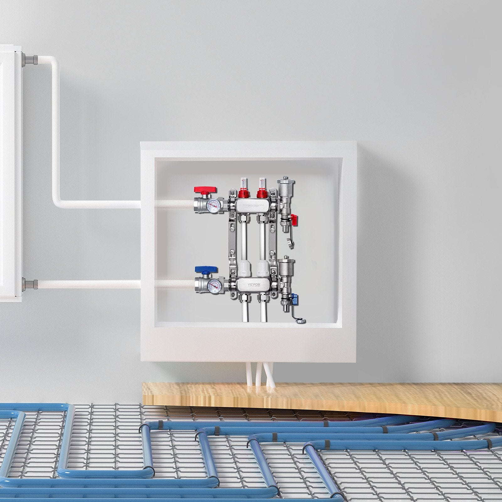 VEVOR 2-Branch Radiant Heat Manifold, 1/2" PEX Tubing Manifold, Stainless Steel PEX Manifold for Hydronic Radiant Floor Heating, Radiant Heat PEX Manifold Kit with 1/2" Adapters Included