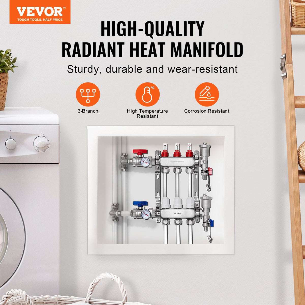 3-Branch Radiant Heat Manifold, 1/2" PEX Tubing Manifold, Stainless Steel PEX Manifold for Hydronic Radiant Floor Heating, Radiant Heat PEX Manifold Kit with 1/2" Adapters Included