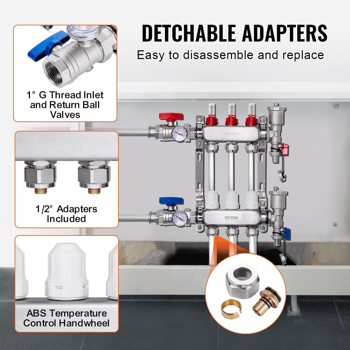 3-Branch Radiant Heat Manifold, 1/2" PEX Tubing Manifold, Stainless Steel PEX Manifold for Hydronic Radiant Floor Heating, Radiant Heat PEX Manifold Kit with 1/2" Adapters Included