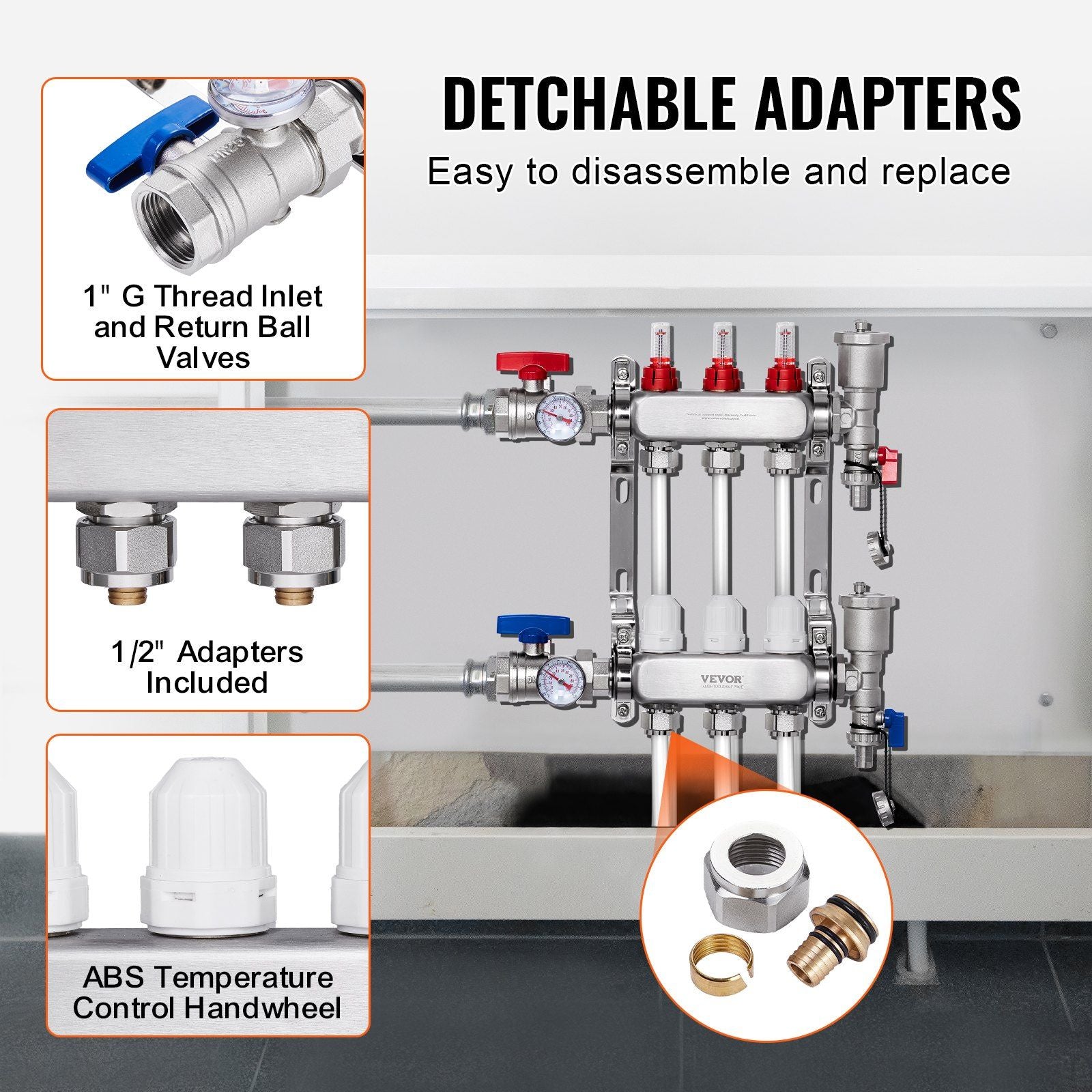 3-Branch Radiant Heat Manifold, 1/2" PEX Tubing Manifold, Stainless Steel PEX Manifold for Hydronic Radiant Floor Heating, Radiant Heat PEX Manifold Kit with 1/2" Adapters Included