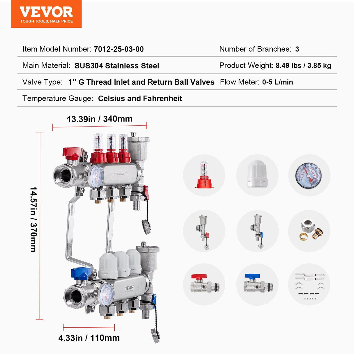3-Branch Radiant Heat Manifold, 1/2" PEX Tubing Manifold, Stainless Steel PEX Manifold for Hydronic Radiant Floor Heating, Radiant Heat PEX Manifold Kit with 1/2" Adapters Included