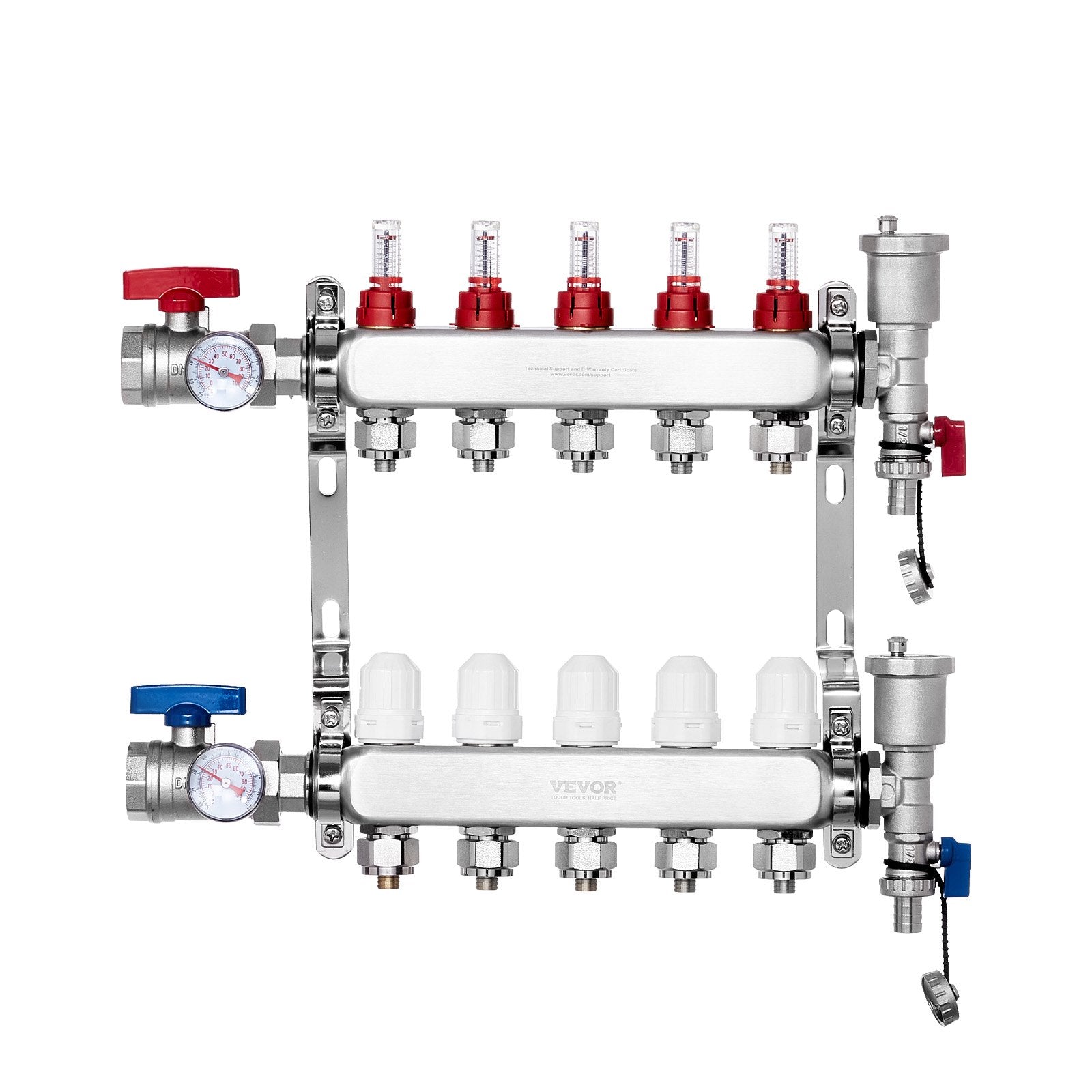 VEVOR 5-Branch Radiant Heat Manifold, 1/2" PEX Tubing Manifold, Stainless Steel PEX Manifold for Hydronic Radiant Floor Heating, Radiant Heat PEX Manifold Kit with 1/2" Adapters Included