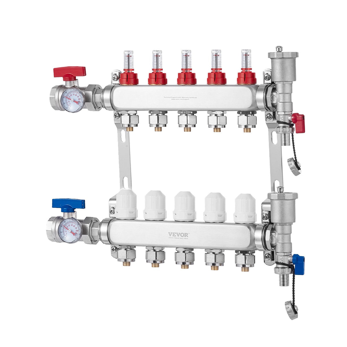 VEVOR 5-Branch Radiant Heat Manifold, 1/2" PEX Tubing Manifold, Stainless Steel PEX Manifold for Hydronic Radiant Floor Heating, Radiant Heat PEX Manifold Kit with 1/2" Adapters Included