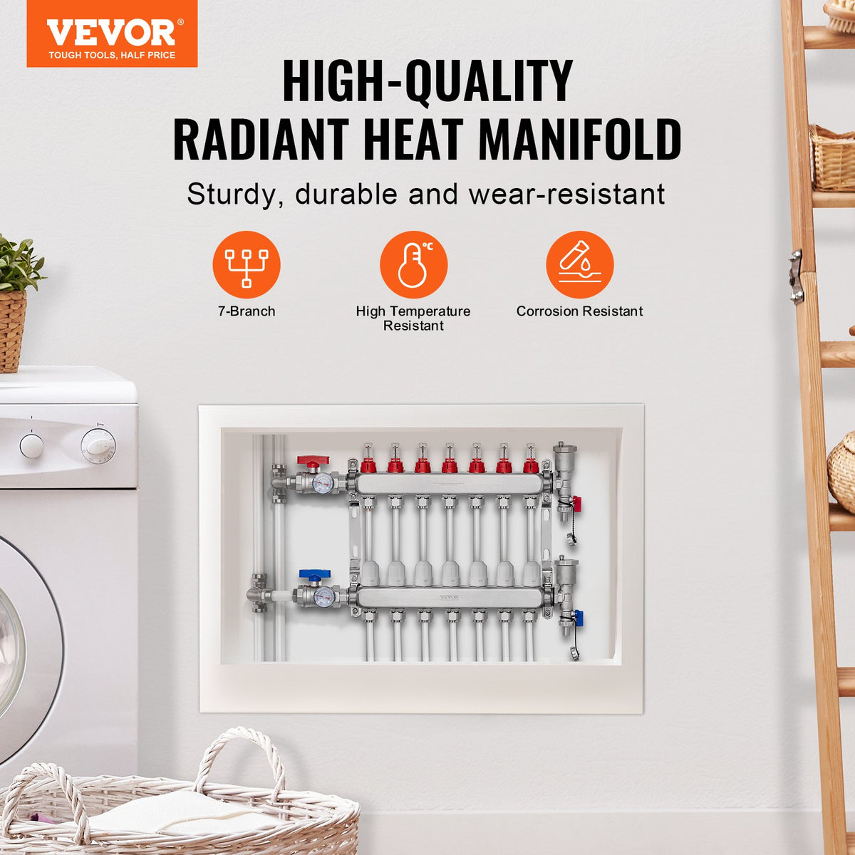 VEVOR 7-Branch Radiant Heat Manifold, 1/2" PEX Tubing Manifold, Stainless Steel PEX Manifold for Hydronic Radiant Floor Heating, Radiant Heat PEX Manifold Kit with 1/2" Adapters Included