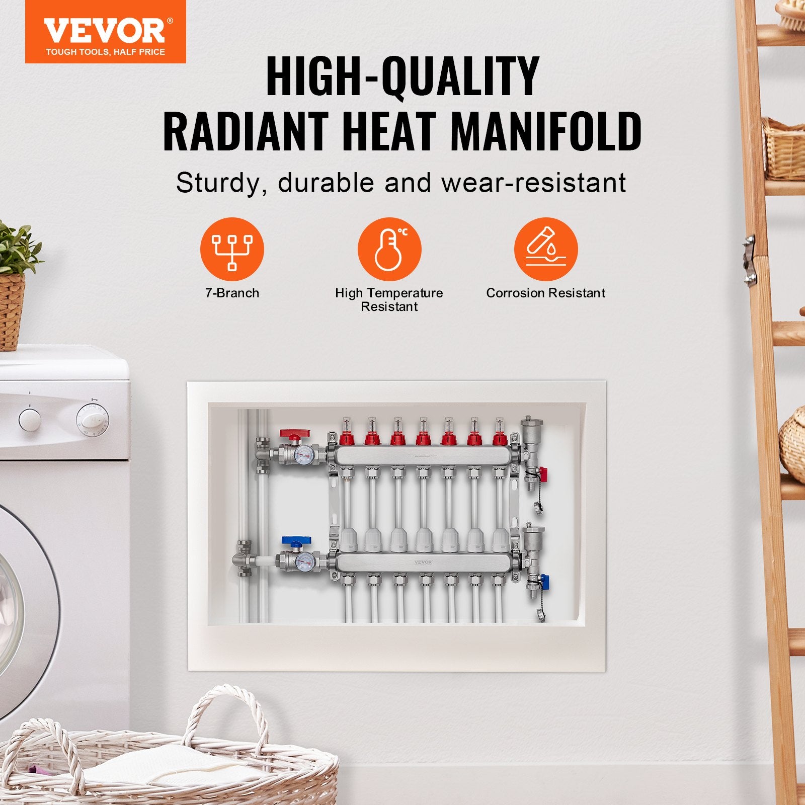 VEVOR 7-Branch Radiant Heat Manifold, 1/2" PEX Tubing Manifold, Stainless Steel PEX Manifold for Hydronic Radiant Floor Heating, Radiant Heat PEX Manifold Kit with 1/2" Adapters Included