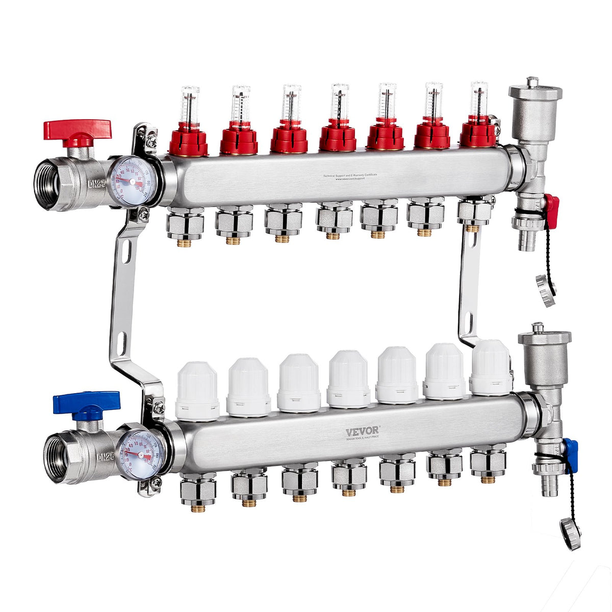 VEVOR 7-Branch Radiant Heat Manifold, 1/2" PEX Tubing Manifold, Stainless Steel PEX Manifold for Hydronic Radiant Floor Heating, Radiant Heat PEX Manifold Kit with 1/2" Adapters Included