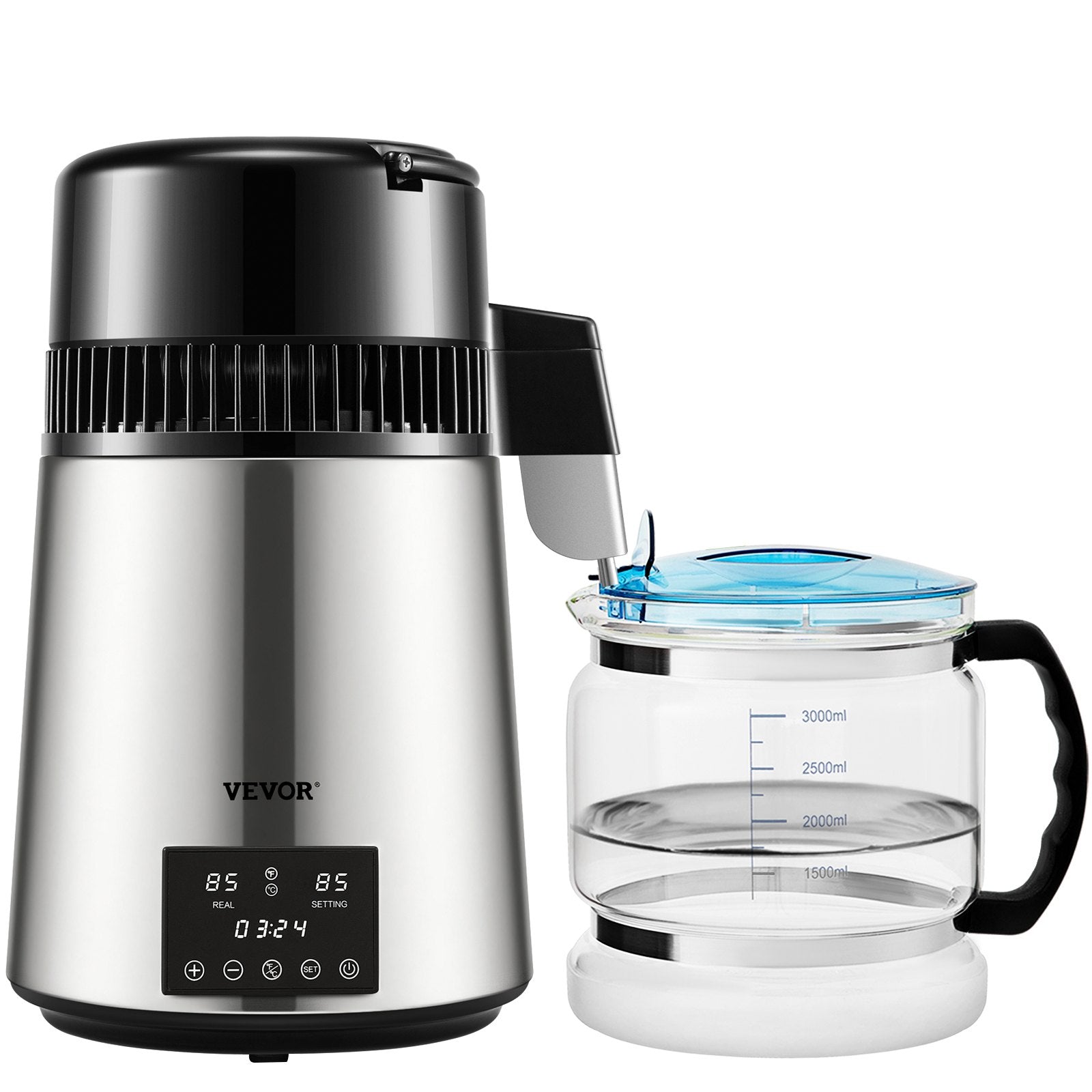 VEVOR 4L Water Distiller Distilled Water Maker 1 L/H w/ Timing Dual-Temp Silver