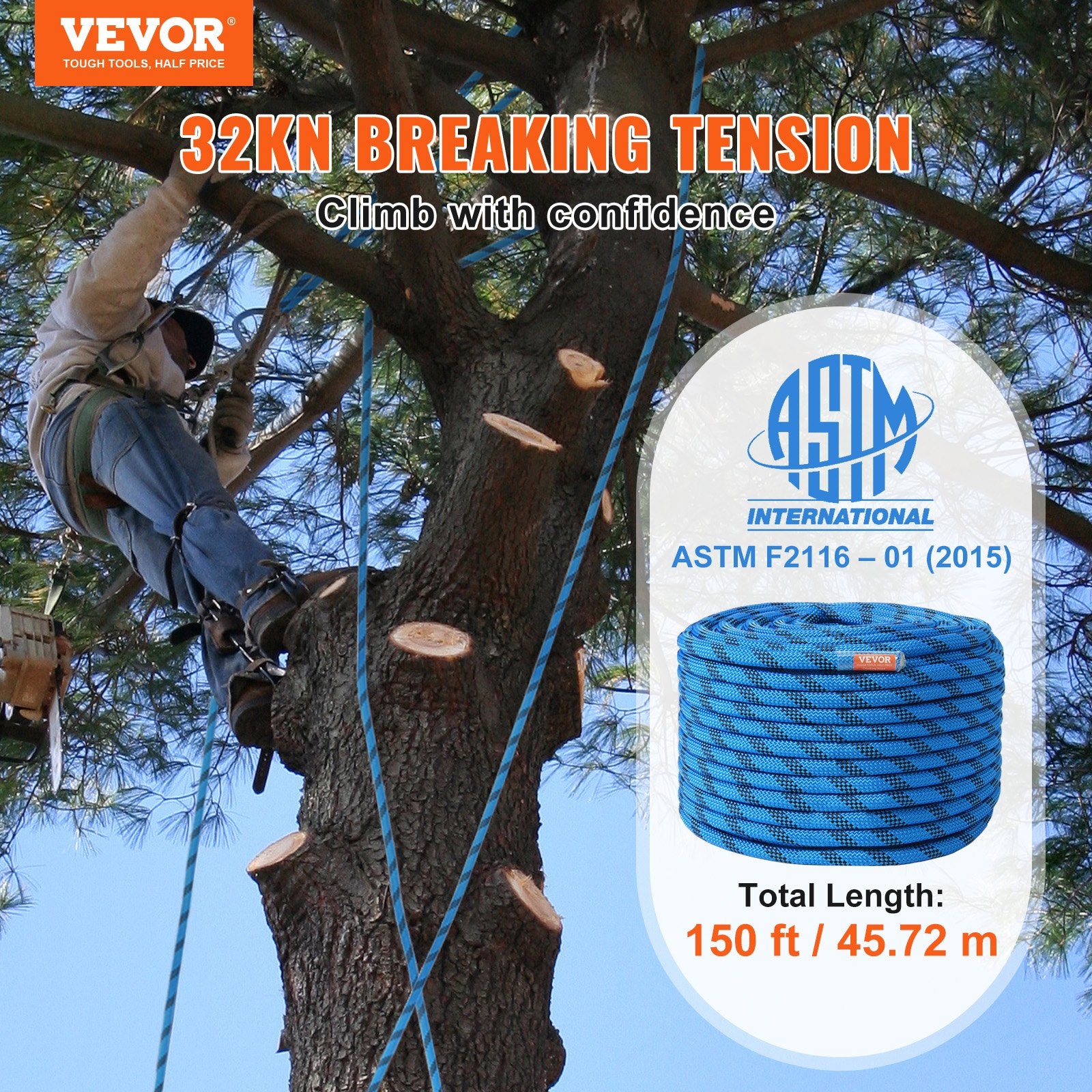 VEVOR 12.7mm Static Climbing Rope, 45.7M(150ft) Outdoor Rock Climbing Rope 30KN Breaking Tension, Fiber Rope with Steel Snap Hooks for Escape, Rappelling, Fire Rescue, Blue