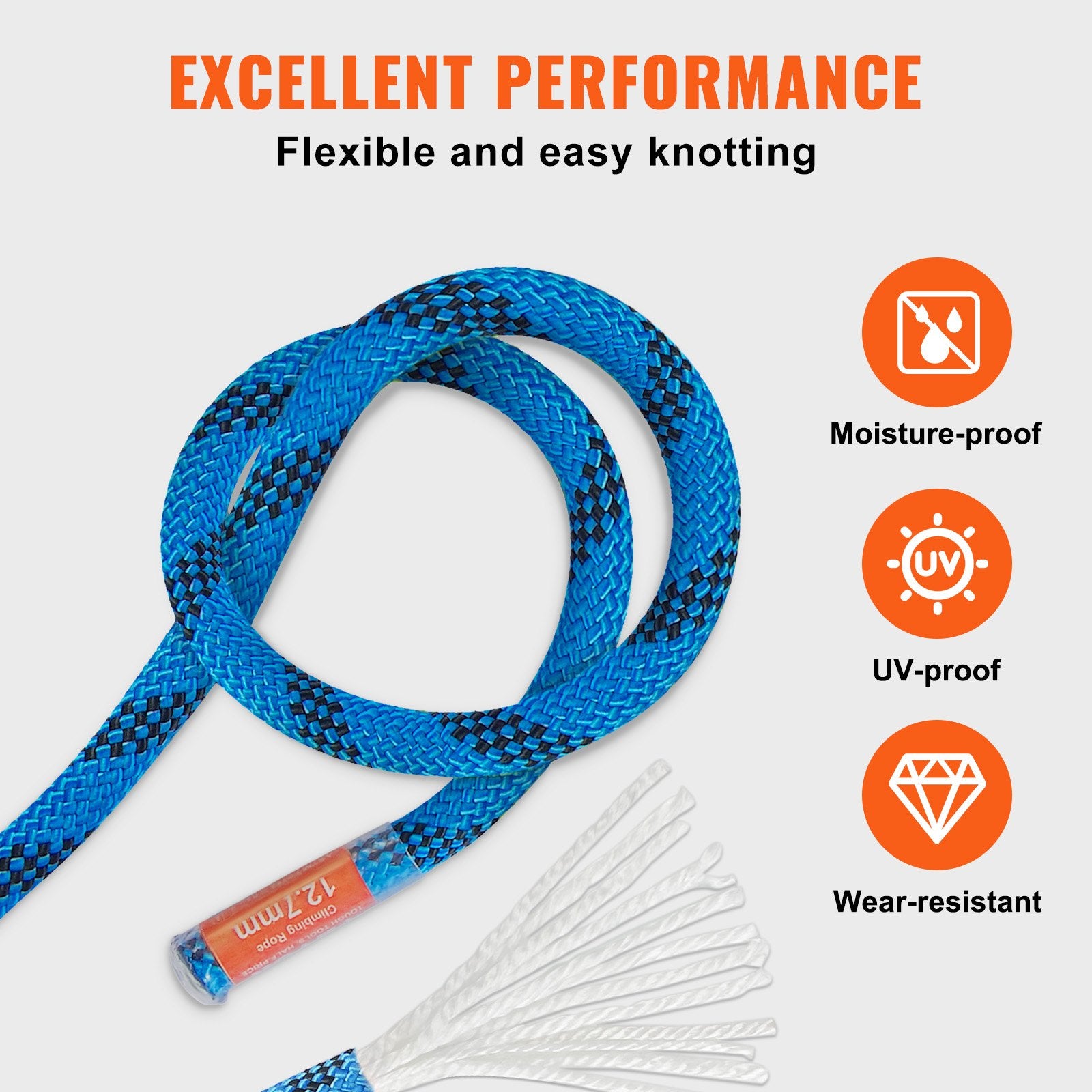VEVOR 12.7mm Static Climbing Rope, 45.7M(150ft) Outdoor Rock Climbing Rope 30KN Breaking Tension, Fiber Rope with Steel Snap Hooks for Escape, Rappelling, Fire Rescue, Blue