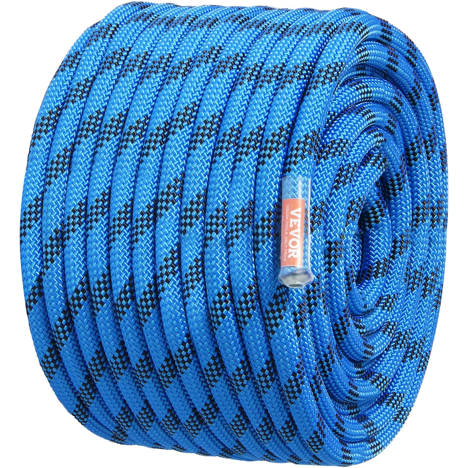 VEVOR 12.7mm Static Climbing Rope, 45.7M(150ft) Outdoor Rock Climbing Rope 30KN Breaking Tension, Fiber Rope with Steel Snap Hooks for Escape, Rappelling, Fire Rescue, Blue