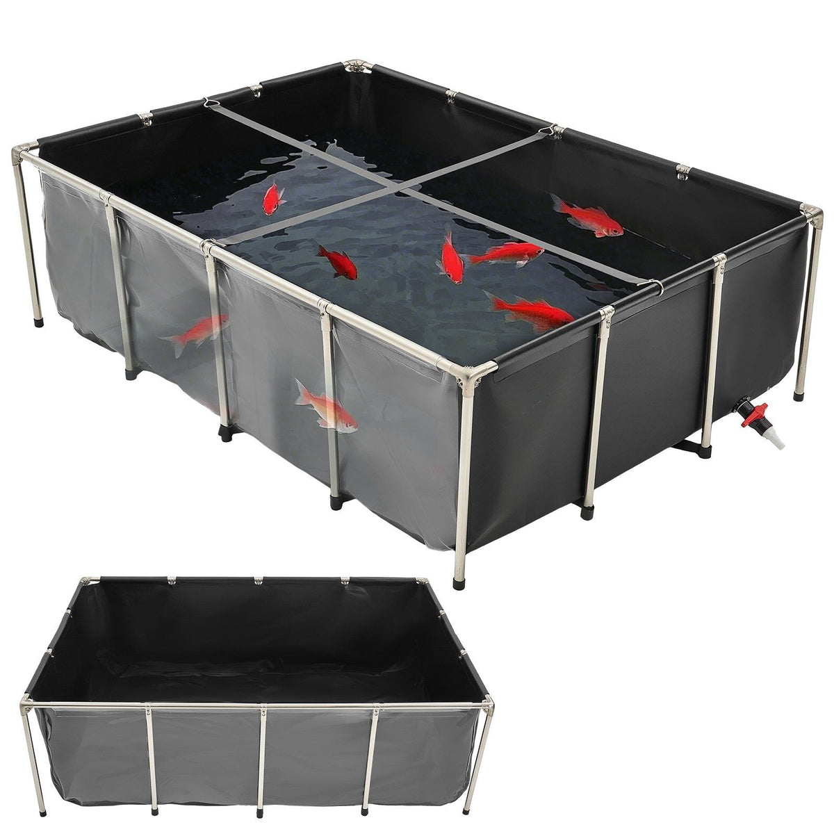 Canvas Fish Pond, 1781.3L Above Ground Fish Pond, PVC Koi Tank with Clear Viewing Panel, Rectangular Goldfish Tank with Stainless Steel Frame &amp; Drain Valve, for Breeding Koi, Irrigation(Black)