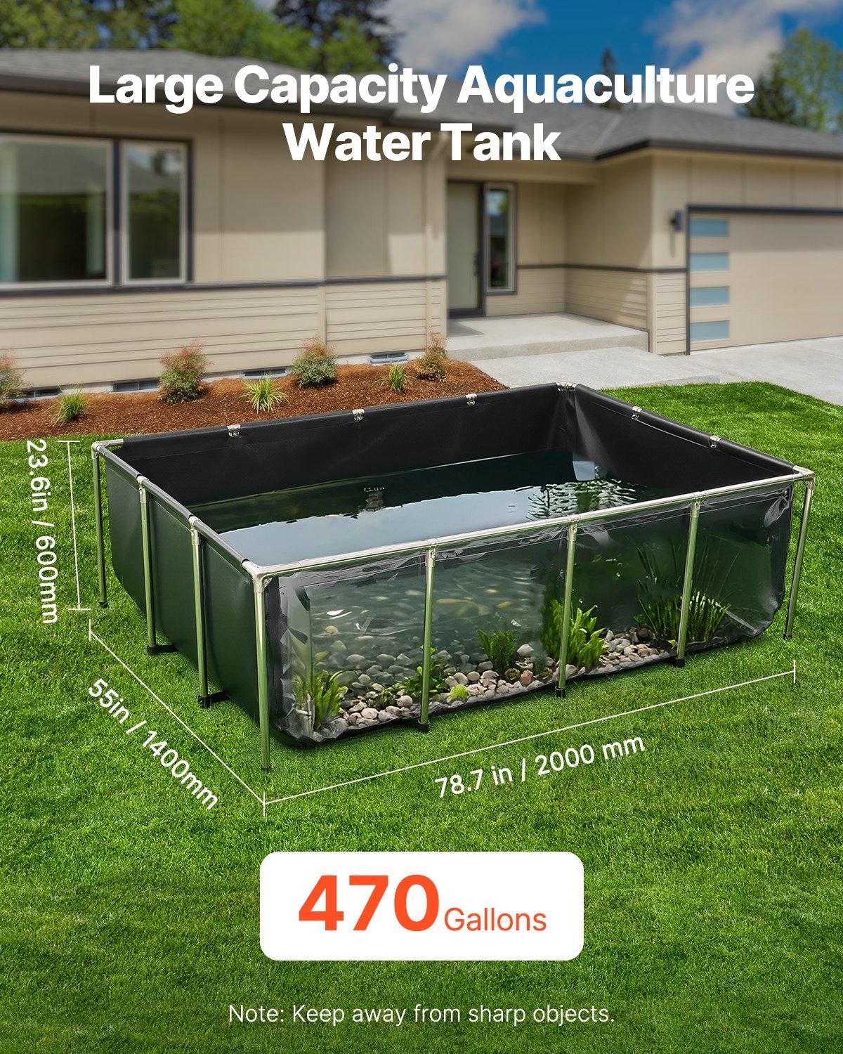 Canvas Fish Pond, 1781.3L Above Ground Fish Pond, PVC Koi Tank with Clear Viewing Panel, Rectangular Goldfish Tank with Stainless Steel Frame & Drain Valve, for Breeding Koi, Irrigation(Black)