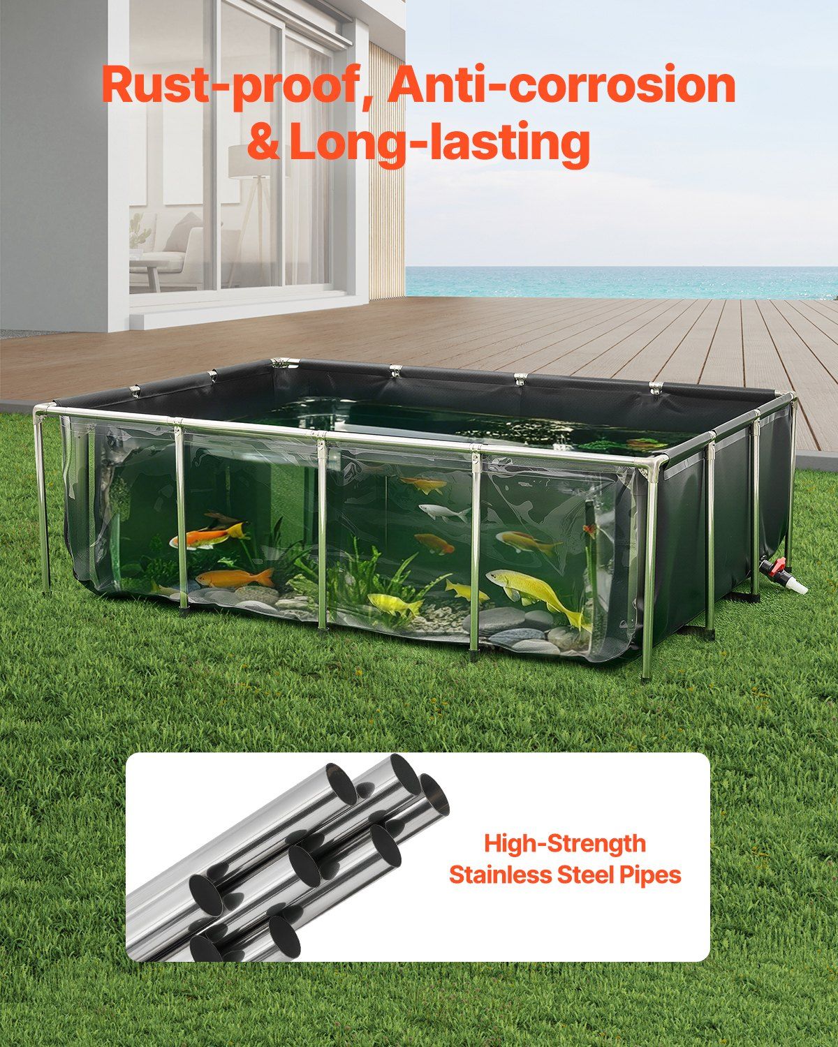 Canvas Fish Pond, 1781.3L Above Ground Fish Pond, PVC Koi Tank with Clear Viewing Panel, Rectangular Goldfish Tank with Stainless Steel Frame & Drain Valve, for Breeding Koi, Irrigation(Black)