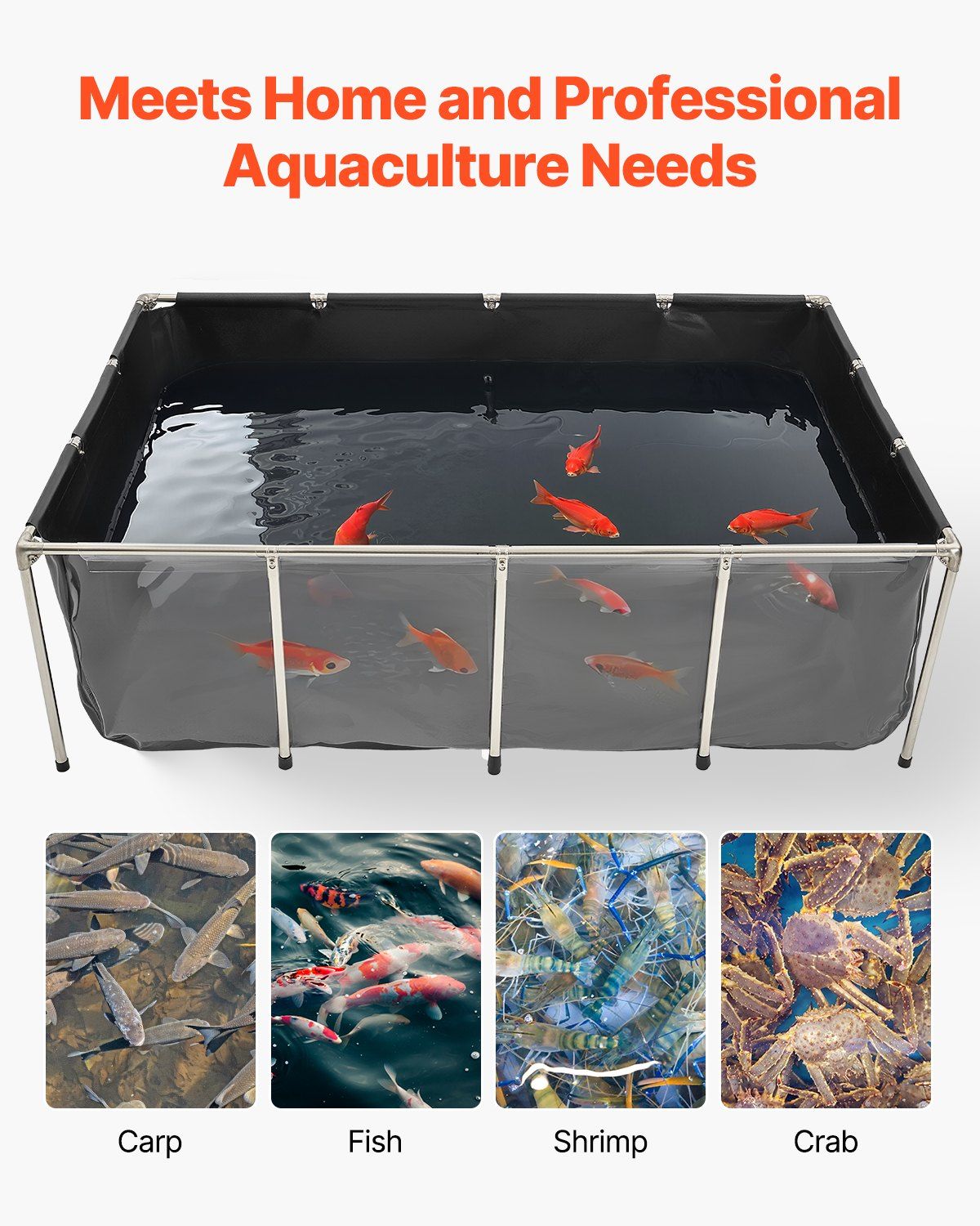 Canvas Fish Pond, 1781.3L Above Ground Fish Pond, PVC Koi Tank with Clear Viewing Panel, Rectangular Goldfish Tank with Stainless Steel Frame & Drain Valve, for Breeding Koi, Irrigation(Black)