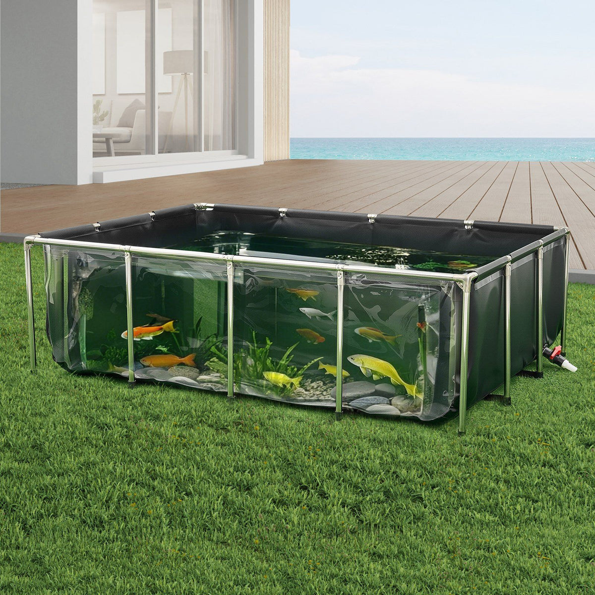 Canvas Fish Pond, 1781.3L Above Ground Fish Pond, PVC Koi Tank with Clear Viewing Panel, Rectangular Goldfish Tank with Stainless Steel Frame & Drain Valve, for Breeding Koi, Irrigation(Black)