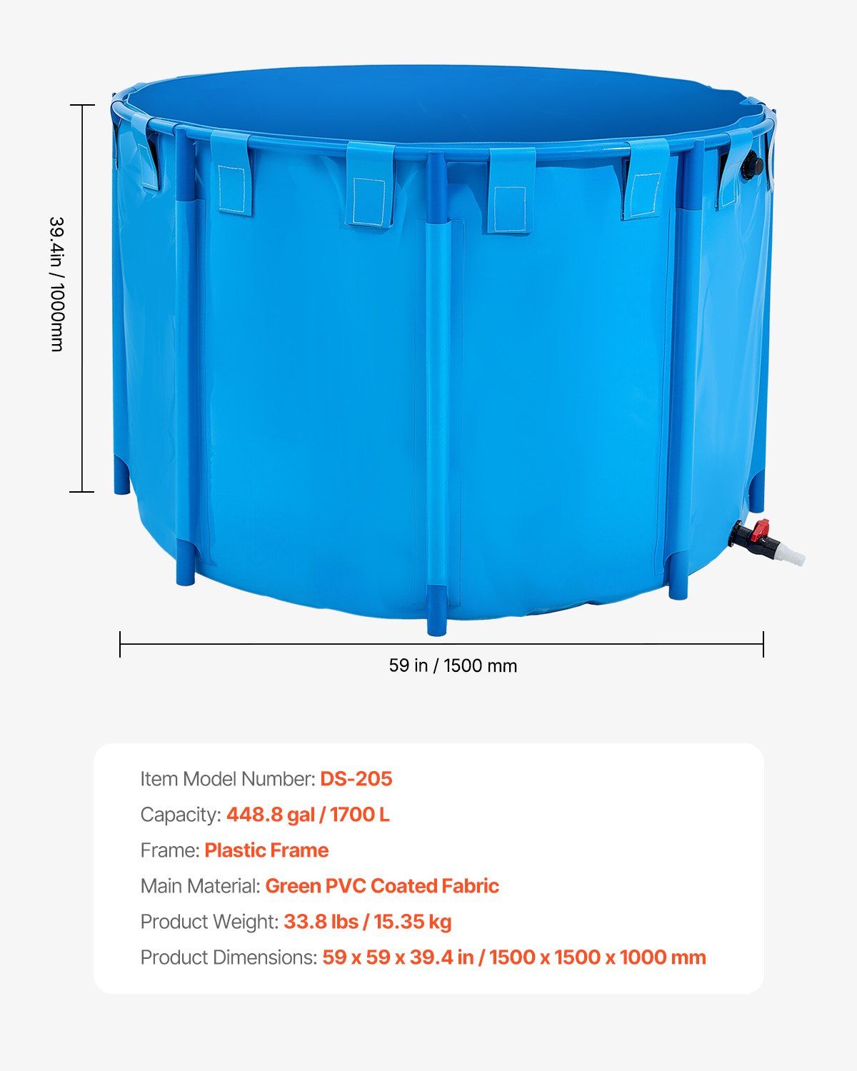Canvas Fish Pond, 1700 L Capacity Above Ground Fish Pond, Foldable PVC Koi Tank, Round Goldfish Tank with Stable PVC Frame and Drain Valve, for Aquaculture, Koi Breeding, and Irrigation (Blue)