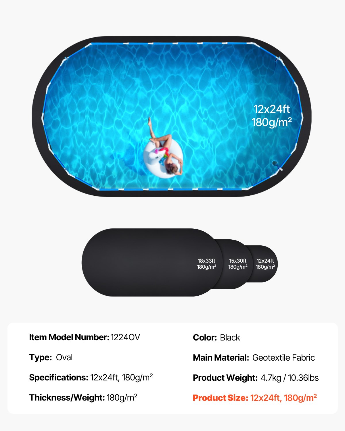 VEVOR Oval Pool Liner Pad, 12 x 24 ft Pool Liner Pad for Above Ground Swimming Pools, Extra-Thick Pool Mat, Prevents Punctures, Recycled Geotextile Material Underlayment Pad, Extend Liner Life