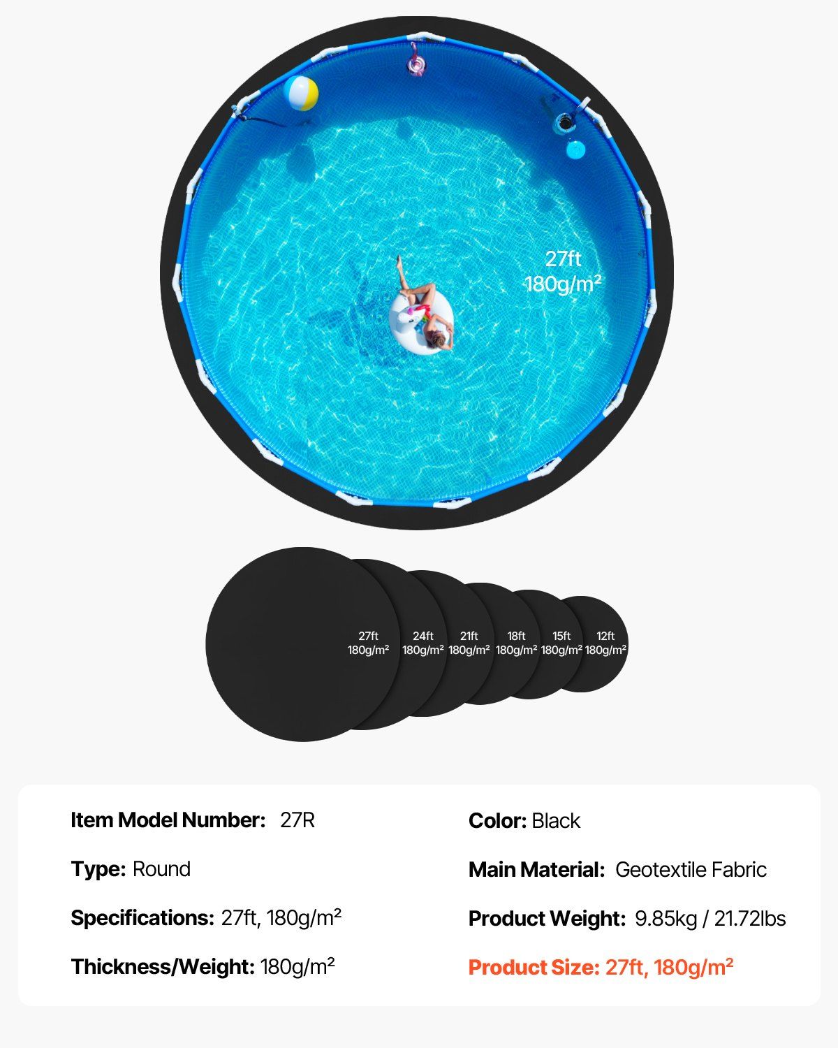 27ft Round Pool Liner Pad, Pool Liner Pad for Above Ground Swimming Pools, Extra-Thick Pool Mat, Prevents Punctures, Recycled Geotextile Material Underlayment Pad, Extend Liner Life