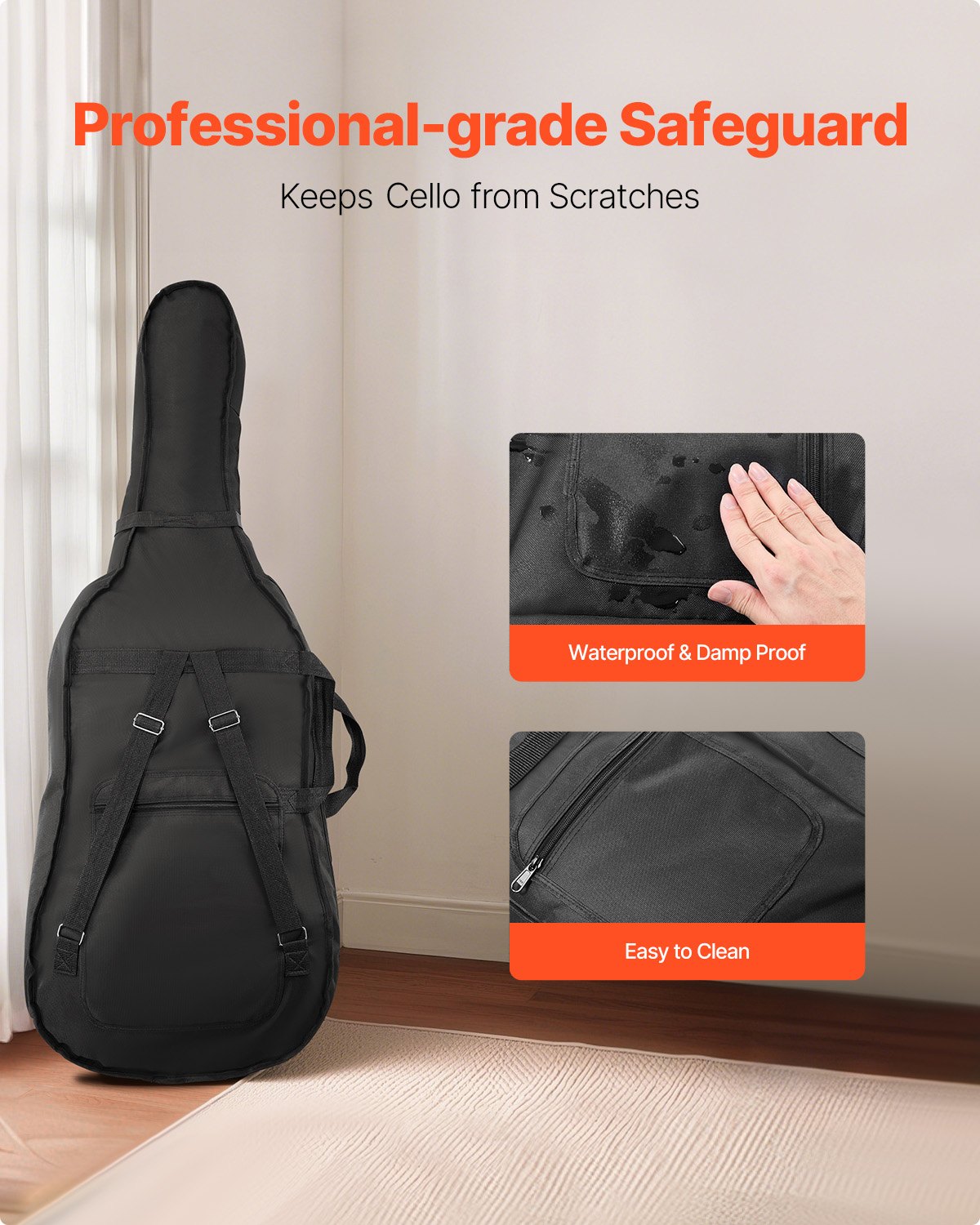 VEVOR 4/4 Full Size Cello Case, Nylon Waterproof, Lightweight Portable Travel Carrying Bag, with Reinforced Handle, Dual Shoulder Straps, Anti-Scratch, Professional Cello-Shape, for Cello, Black