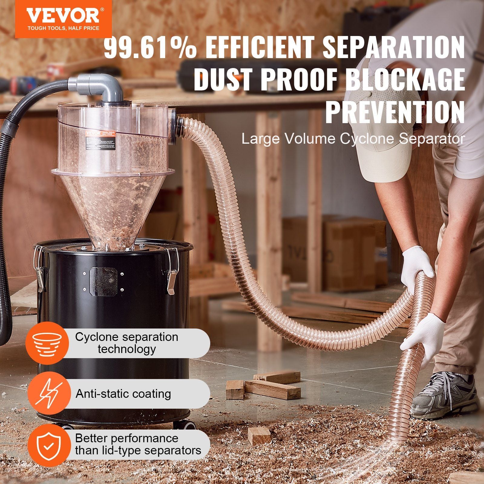 Cyclone Dust Separator with Metal Tank, 4" Retrofit Cyclone Separator for Dust Collectors, ABS Dust Deputy With 2" Hole O.D. Connector & Hose for Wet/Dry Shop Vacuums, Fits 50L Tank