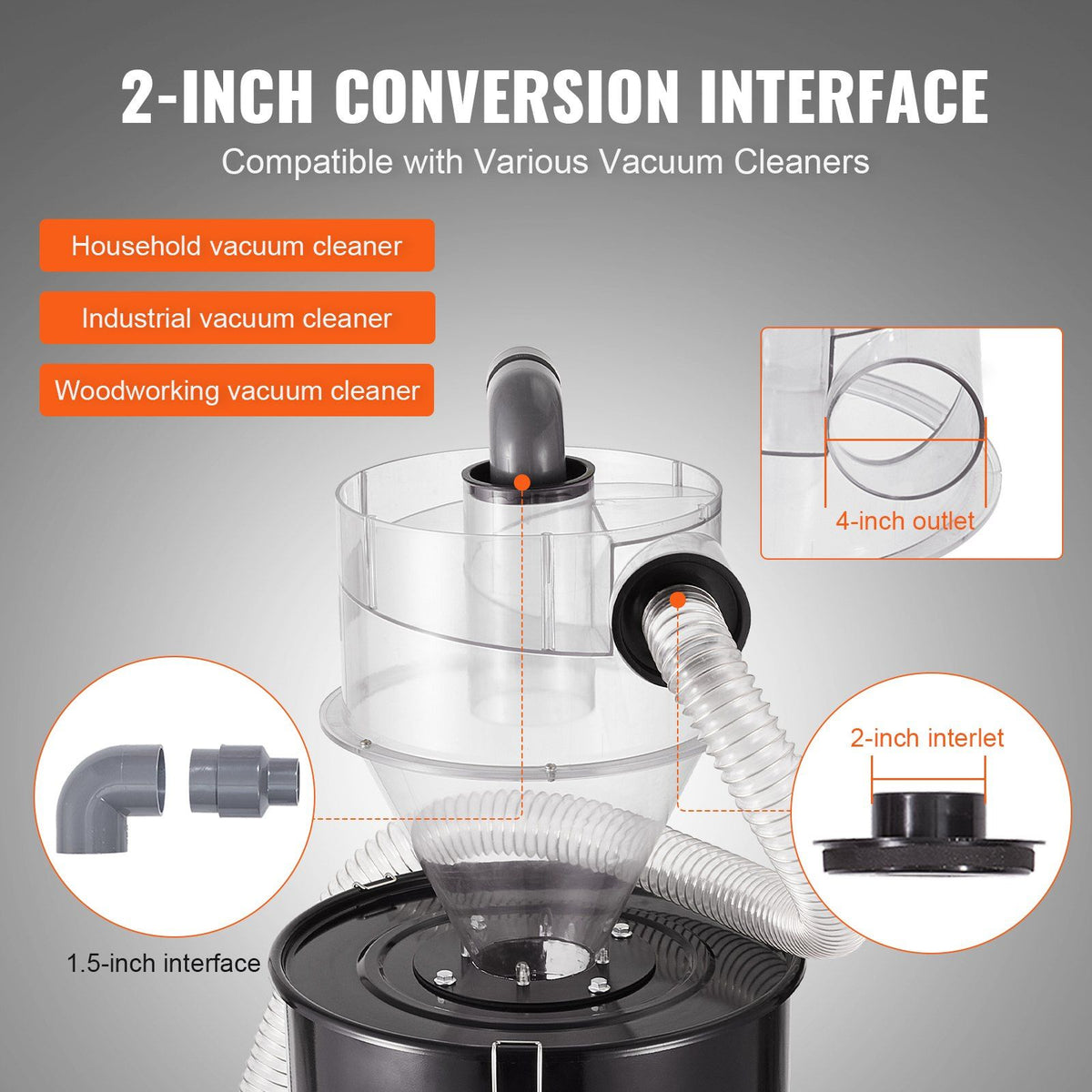 Cyclone Dust Separator with Metal Tank, 4" Retrofit Cyclone Separator for Dust Collectors, ABS Dust Deputy With 2" Hole O.D. Connector & Hose for Wet/Dry Shop Vacuums, Fits 50L Tank