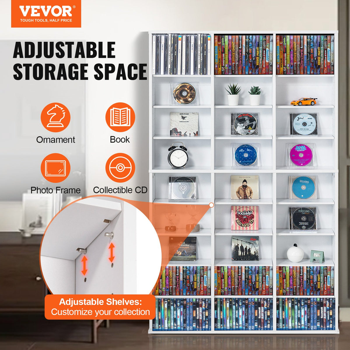 VEVOR Media Storage Cabinet, 9-layer DVD Shelf Holds up to 756 CDs, Adjustable CD Shelves 27 Compartments, Protects & Organizes Music, Movie, Video Games or Memorabilia Collections,White