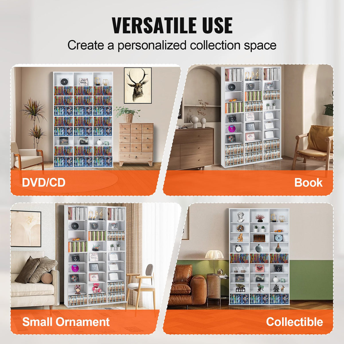 VEVOR Media Storage Cabinet, 9-layer DVD Shelf Holds up to 756 CDs, Adjustable CD Shelves 27 Compartments, Protects & Organizes Music, Movie, Video Games or Memorabilia Collections,White