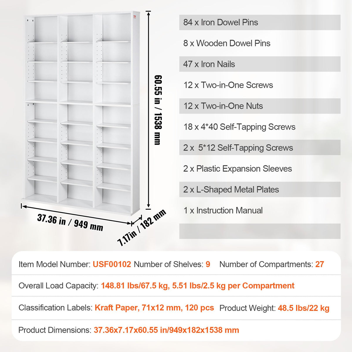 VEVOR Media Storage Cabinet, 9-layer DVD Shelf Holds up to 756 CDs, Adjustable CD Shelves 27 Compartments, Protects & Organizes Music, Movie, Video Games or Memorabilia Collections,White