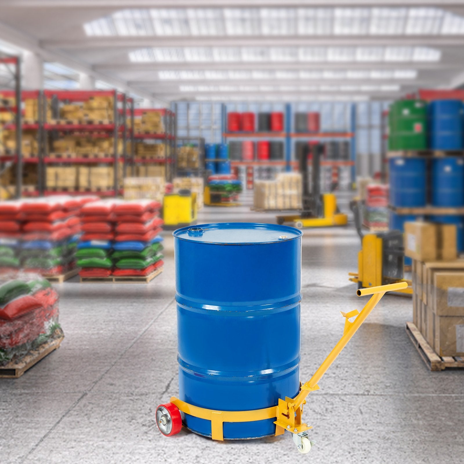 VEVOR 250L Drum Dolly, 544 kg Load Capacity, Barrel Dolly Cart Drum Caddy Round Dolly Steel Low Profile, Heavy Duty Steel Frame with Adjustable Handle 3 Wheels, for Workshop Factory Warehouse