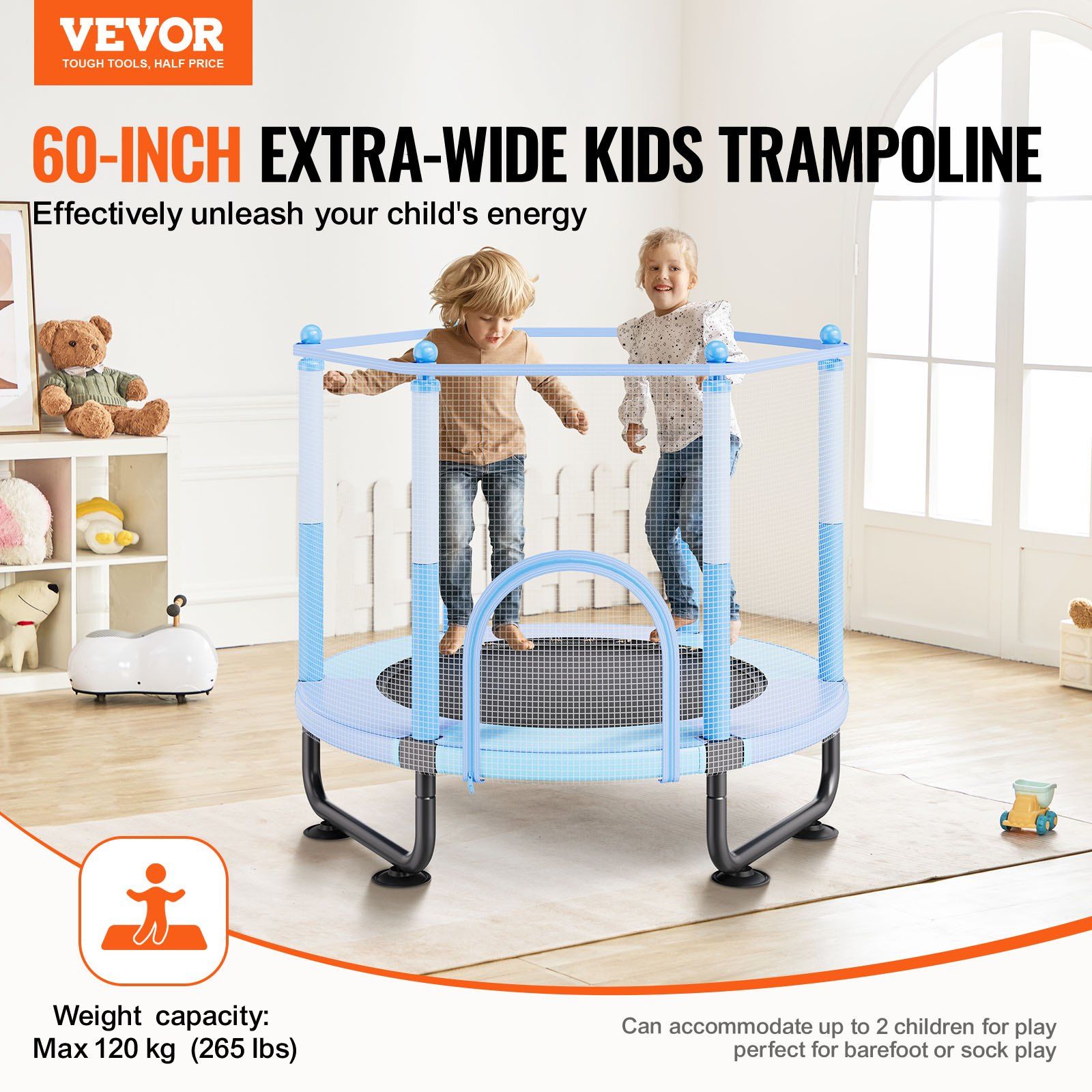 60" Kids Trampoline, 5FT Indoor Outdoor Trampoline, Mini Toddler Recreational Trampolinewith Safety Enclosure Net and Basketball Hoop, Birthday Gifts Christmas Toys for 3+ Years Children, Blue