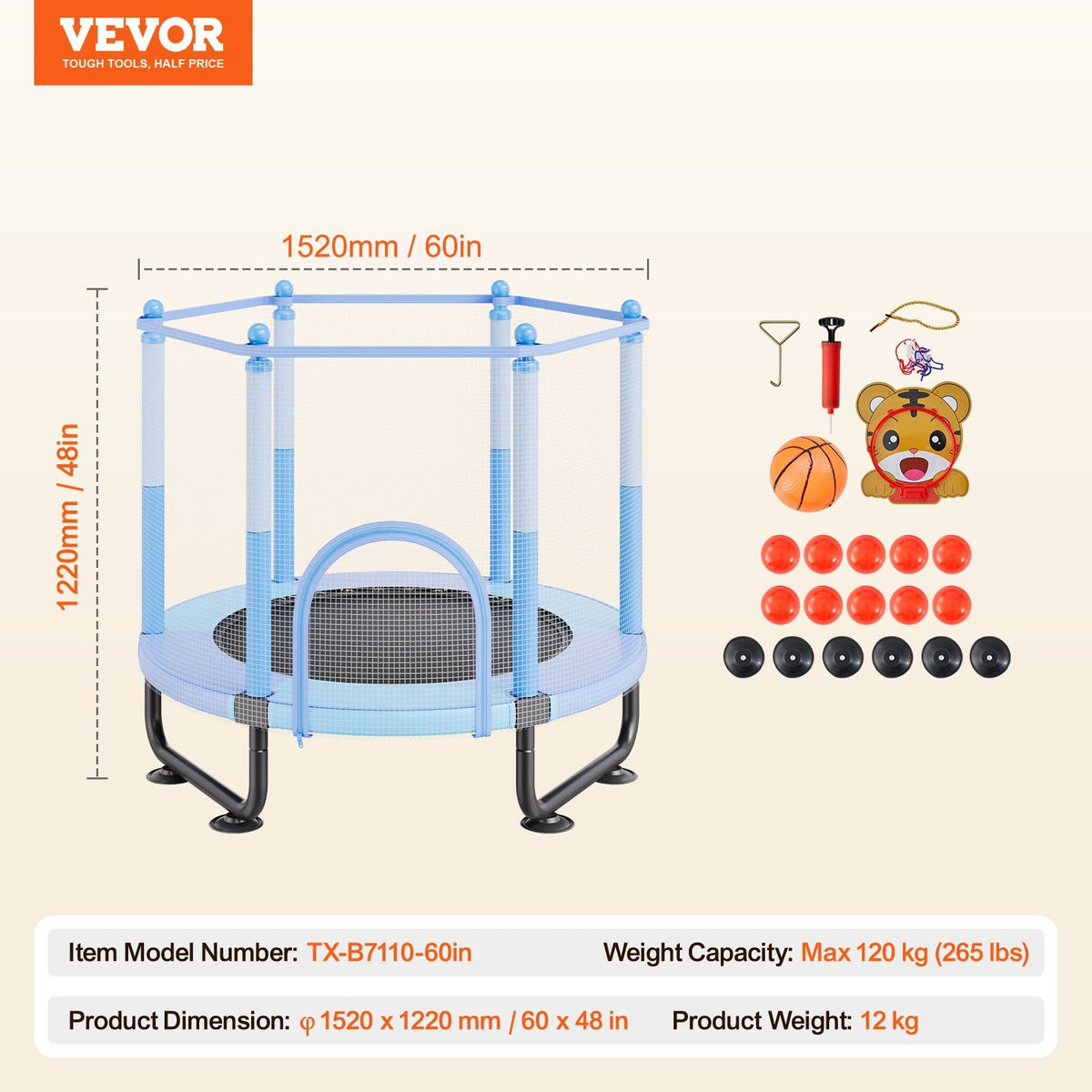 60" Kids Trampoline, 5FT Indoor Outdoor Trampoline, Mini Toddler Recreational Trampolinewith Safety Enclosure Net and Basketball Hoop, Birthday Gifts Christmas Toys for 3+ Years Children, Blue